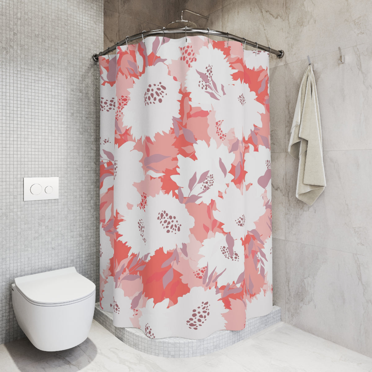 a bathroom with a shower curtain adorned with a floral pattern in shades of pink and white. The shower curtain is hanging from a rod next to a towel. The bathroom has a white toilet and a white tiled wall.