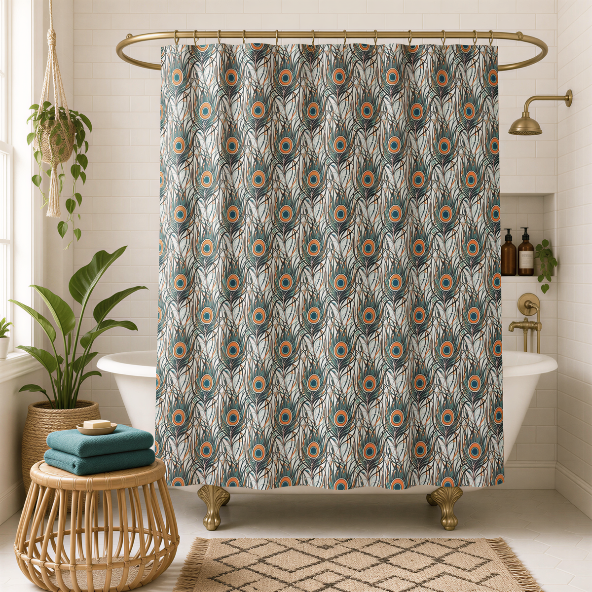 a bathroom with a white bathtub, a shower curtain with a peacock feather pattern, a wooden stool, and a potted plant.