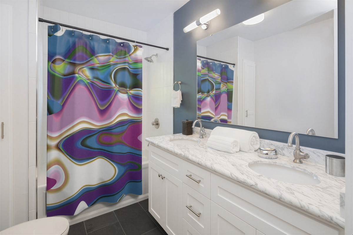 Abstract Shower Curtain Blue Purple Green close-up of fabric pattern
