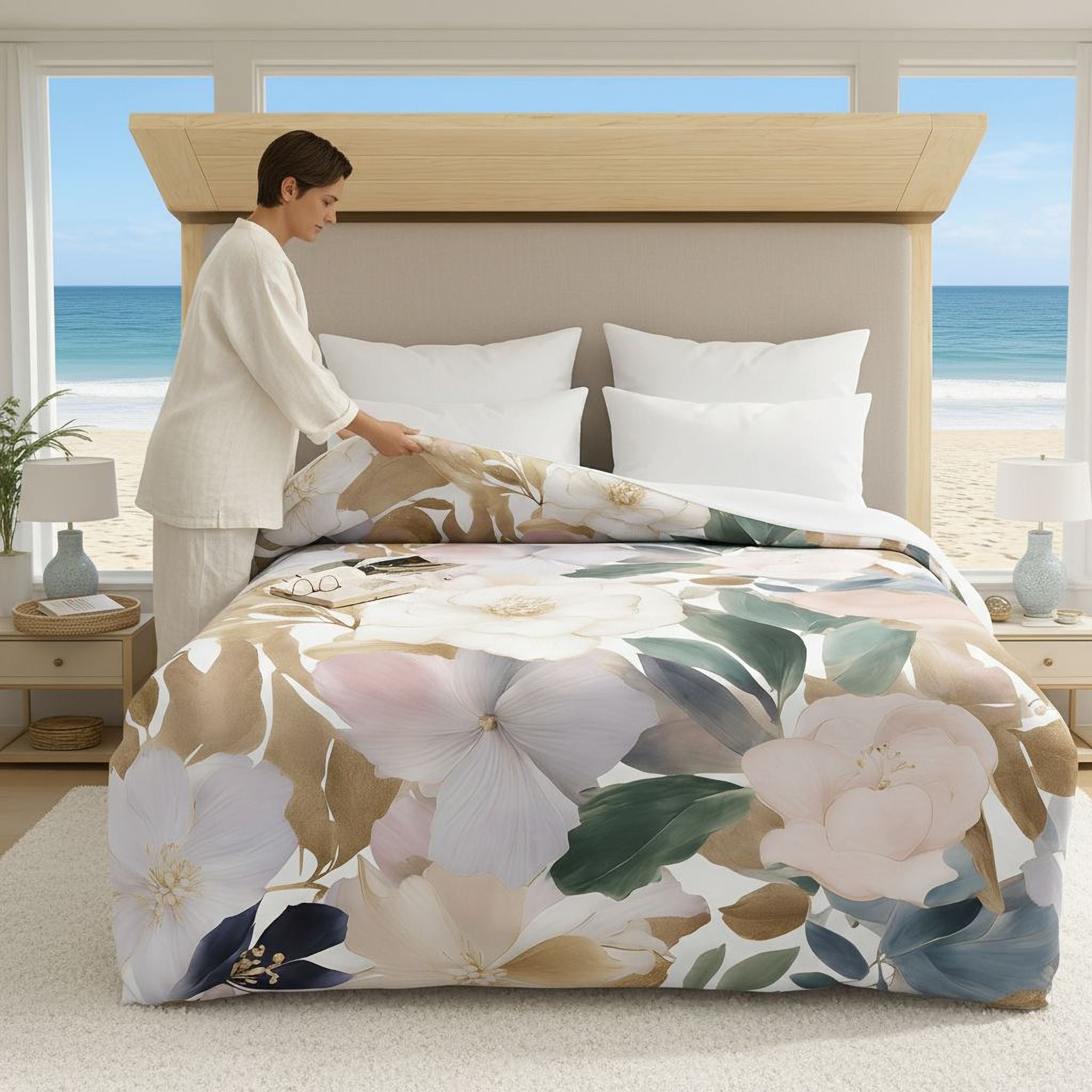 A woman is arranging a floral bedspread on a bed with a wooden headboard, overlooking a beach view through a window.