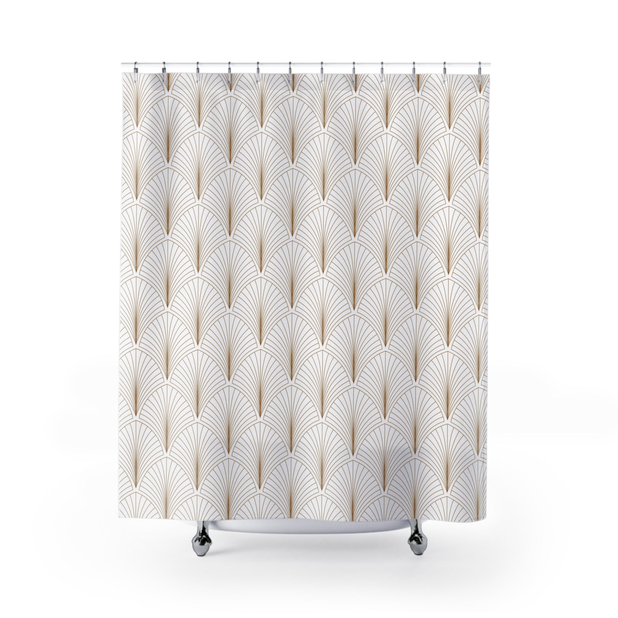A shower curtain with a repeating pattern of gold and white lines, resembling the Art Deco style.