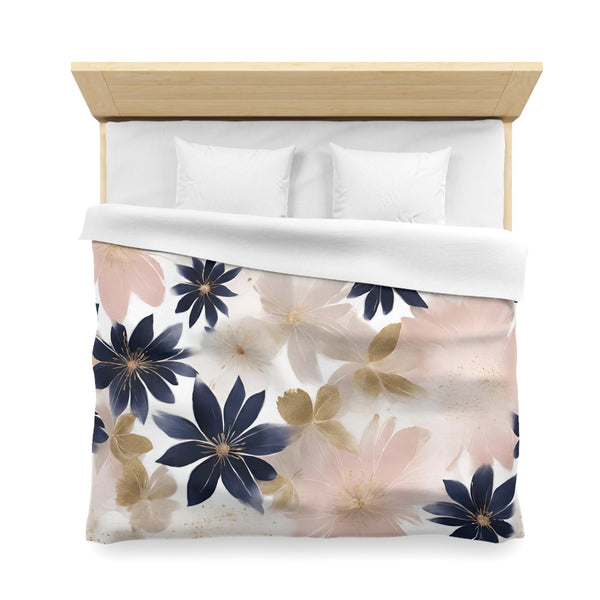Boho Floral Duvet Cover | White Blush Pink, Navy Blue, Gold Beige White