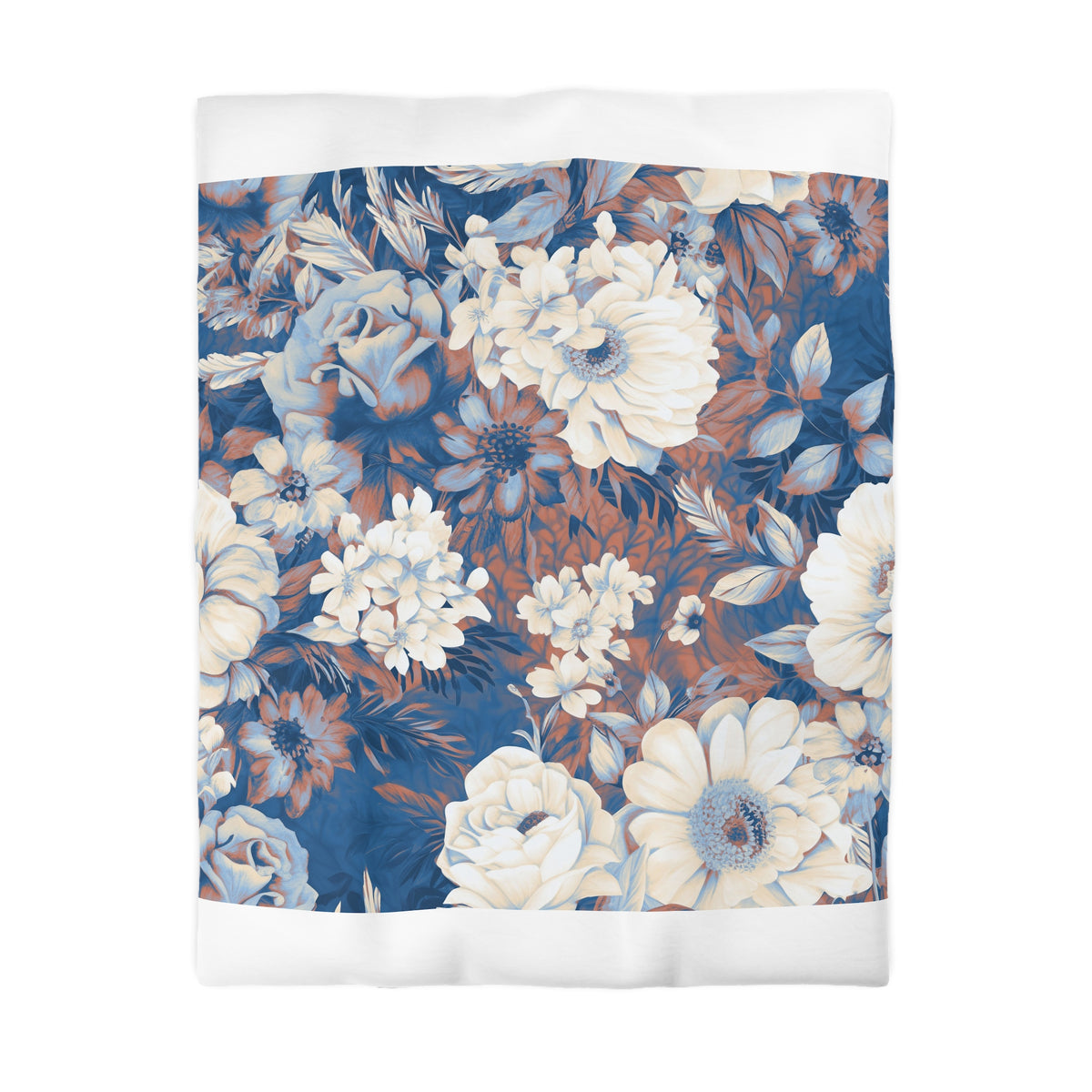 Cobalt Blue Vintage Floral Duvet Cover | Rust Cream Peony Rose Bedding