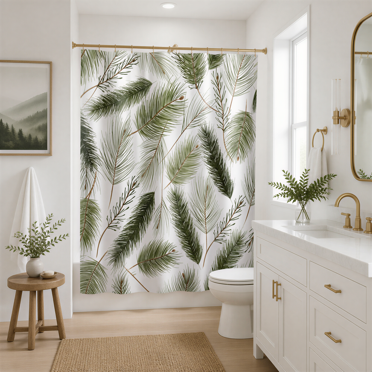 a modern bathroom with a white vanity, a shower curtain with a tropical leaf pattern, and a framed landscape painting on the wall.