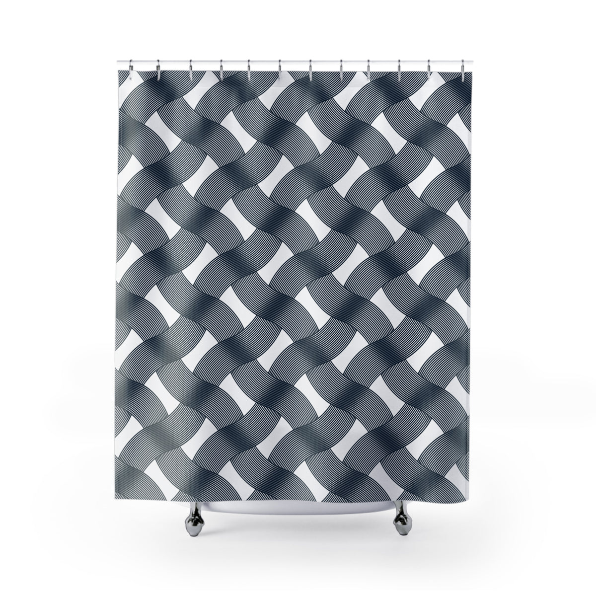 a square shower curtain with a repeating pattern of black and white stripes.