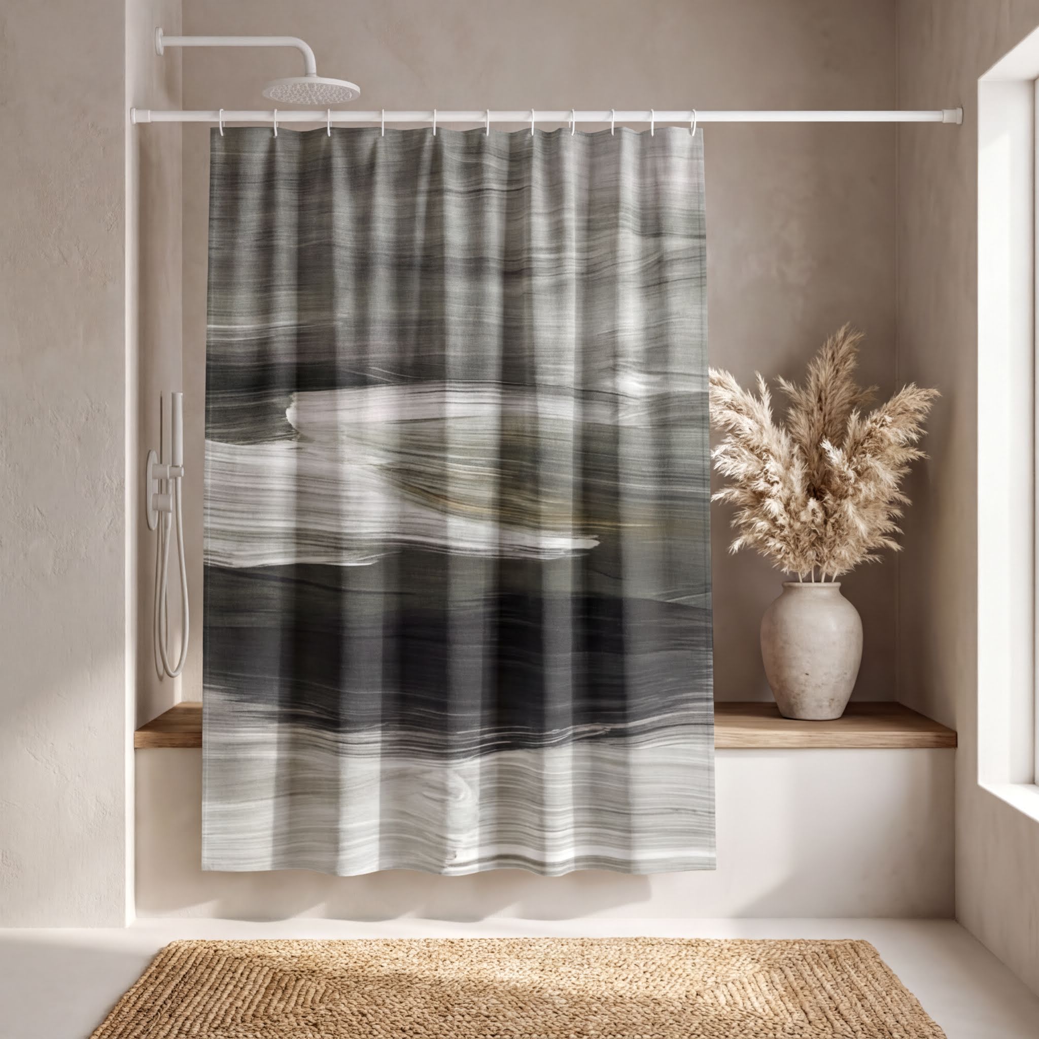 a bathroom with a shower curtain featuring a black and white abstract design hanging from a rod. Next to the shower curtain is a vase with dried flowers, creating a decorative and natural element in the space.