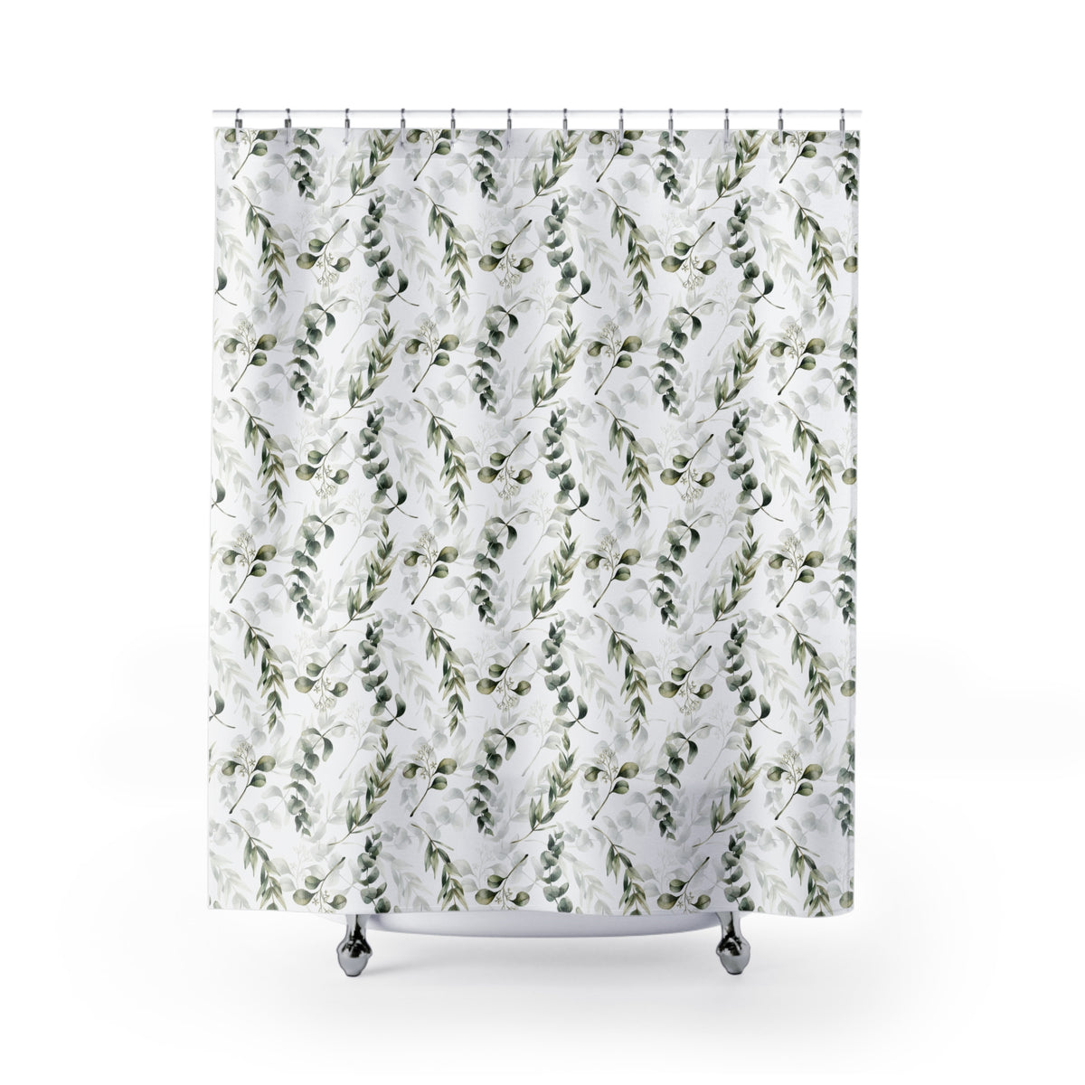 a shower curtain with a repeating pattern of green leaves and branches.