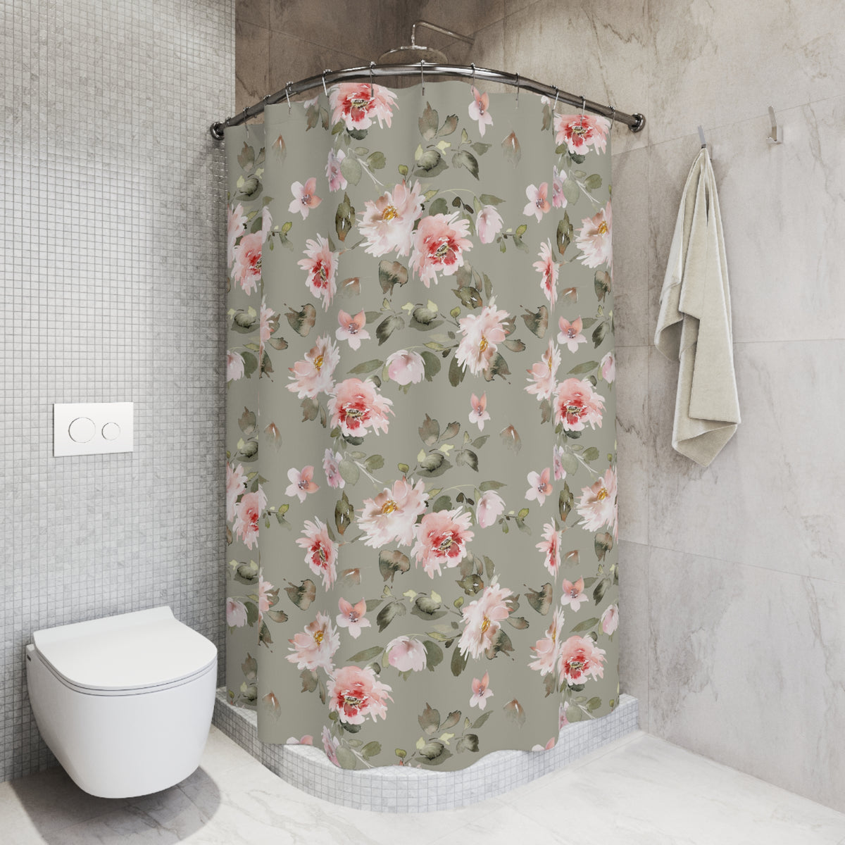 a bathroom with a floral patterned shower curtain, a white toilet, and a towel rack.