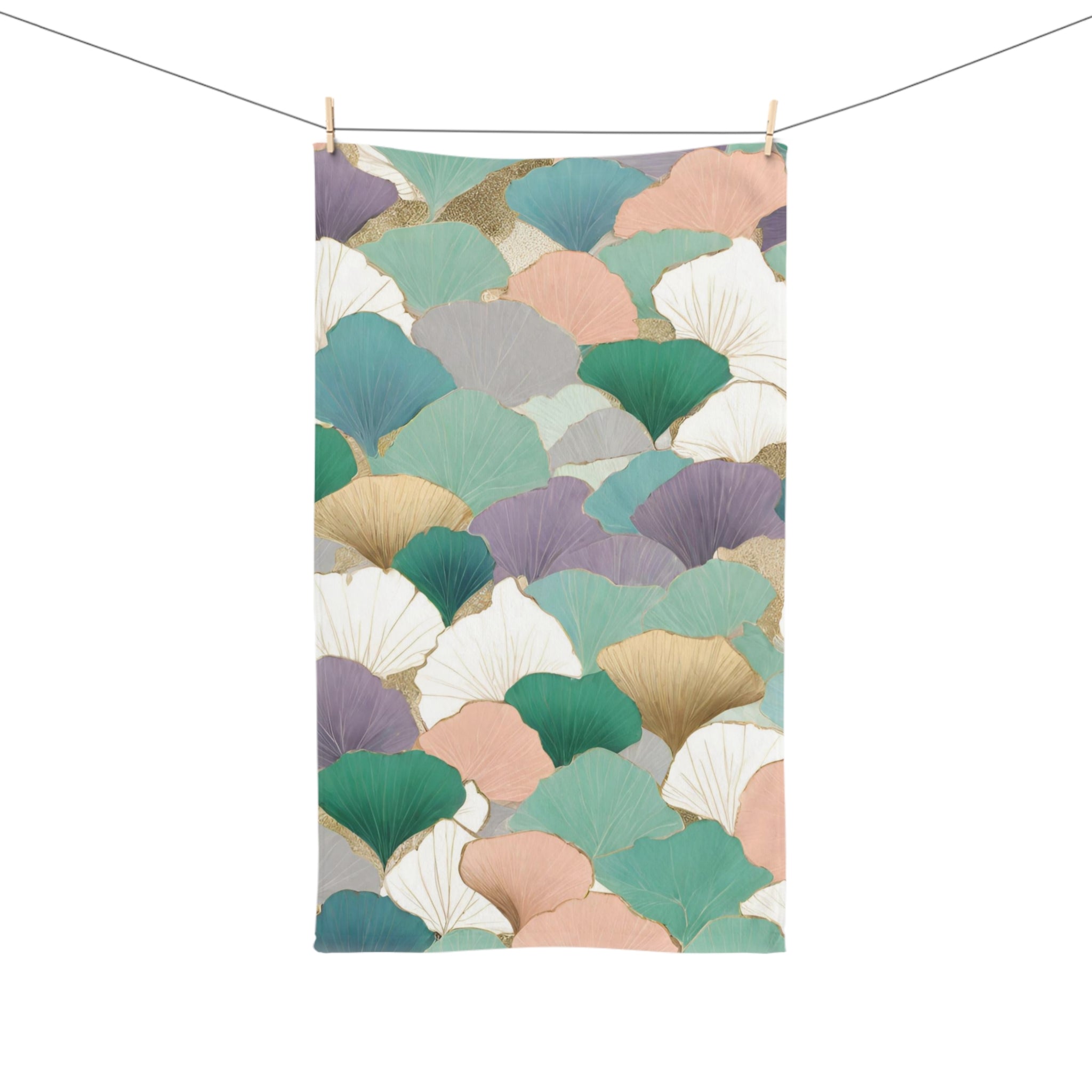 Boho Floral Kitchen, Bath Hand Towel | Teal Green Pink Gingko Leaves