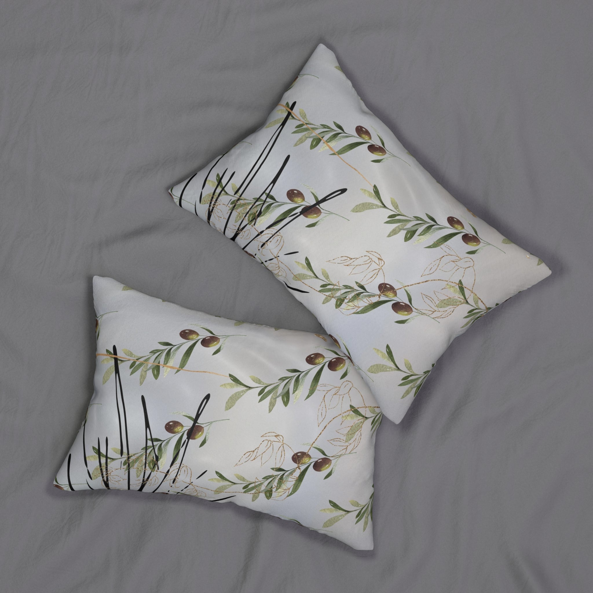 Olive Green Lumbar Pillow | Gray Sage Green Leaves