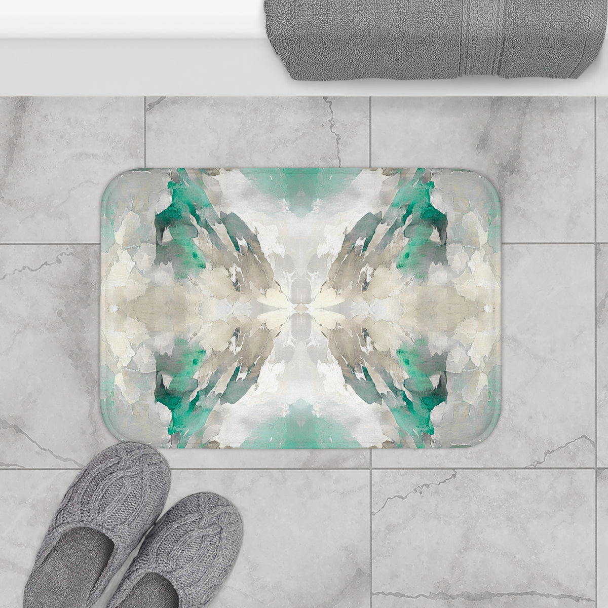 Emerald Beige Watercolor Abstract Bath Mat, Boho Bathroom Rug