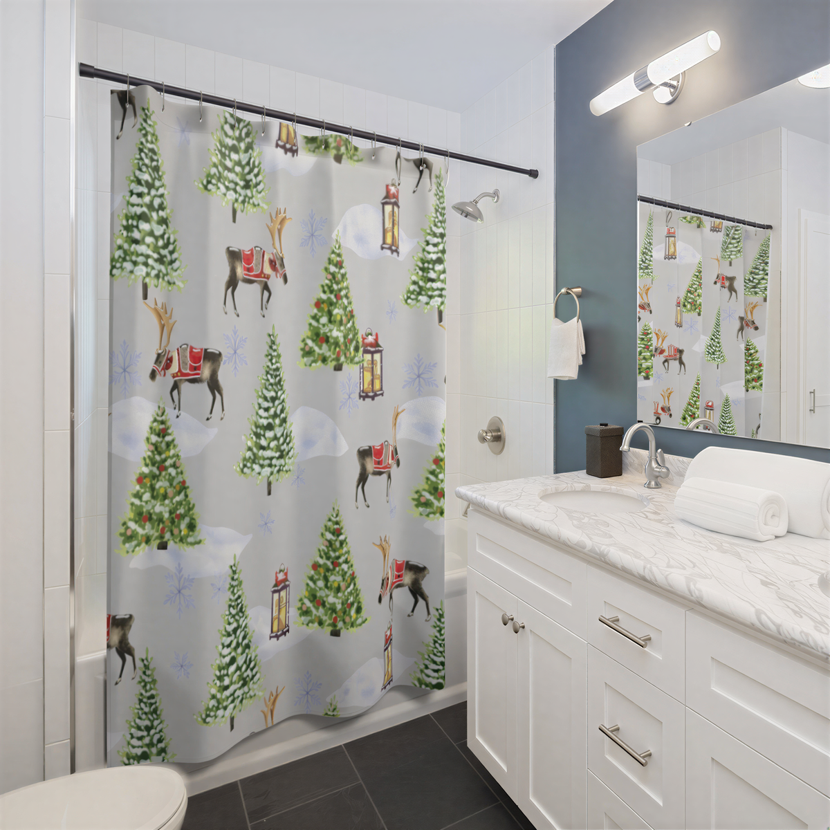 Christmas Shower Curtain Gray Forest Animals hanging in a bathroom