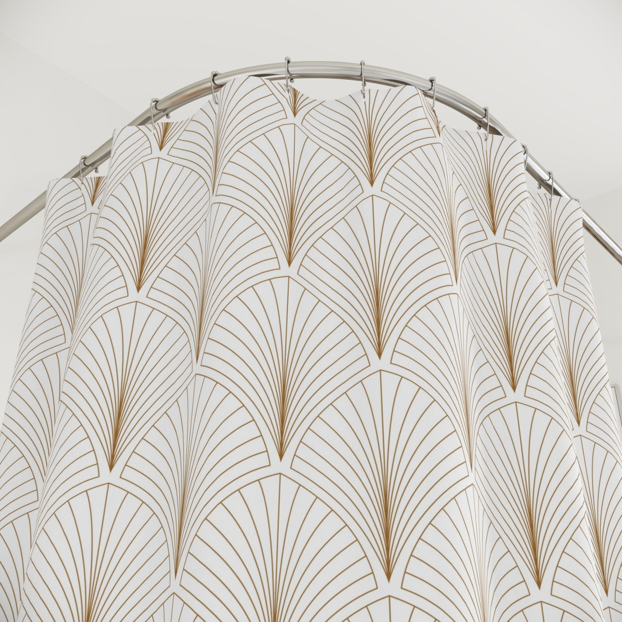 a shower curtain with a repeating pattern of white and gold geometric shapes, creating a visually striking and decorative design.