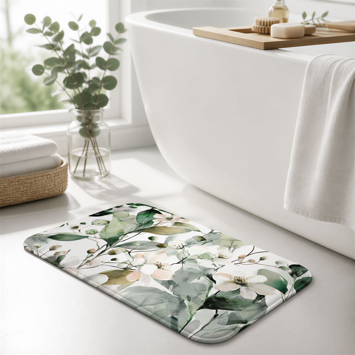 a bathroom with a white bathtub, a vase of greenery, and a decorative mat with a floral pattern.