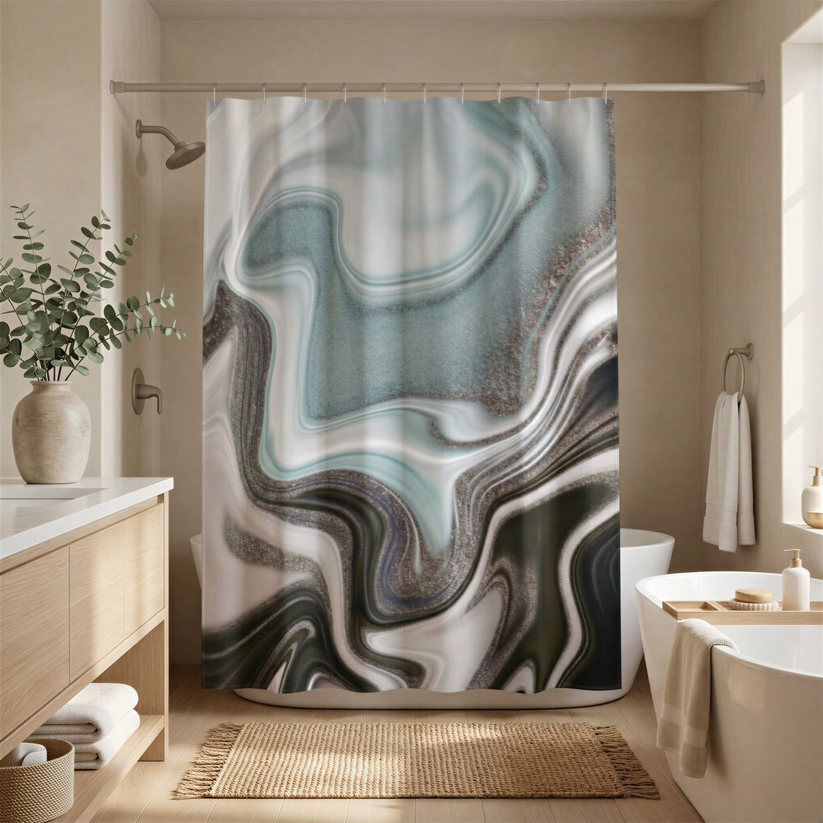 a modern bathroom with a large, abstract shower curtain featuring swirling patterns in shades of blue, gray, and white. The bathroom is well-lit, with a white bathtub and a wooden vanity. A potted plant and a vase are also present in the room, adding a touch of greenery and elegance to the space.