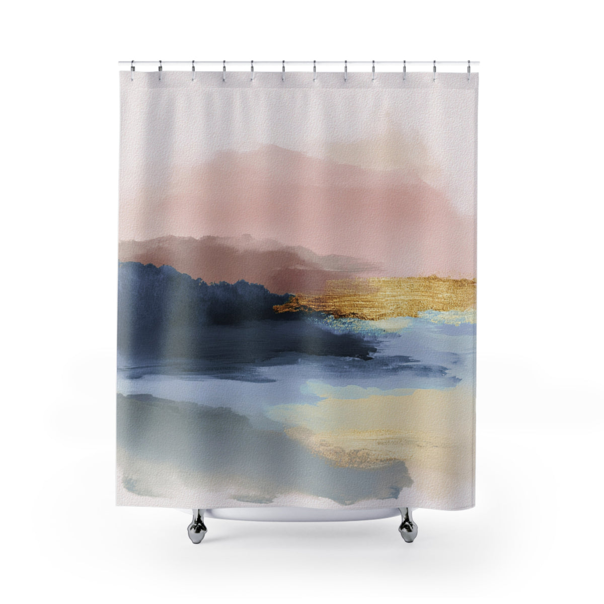 a shower curtain with a watercolor painting of a landscape.