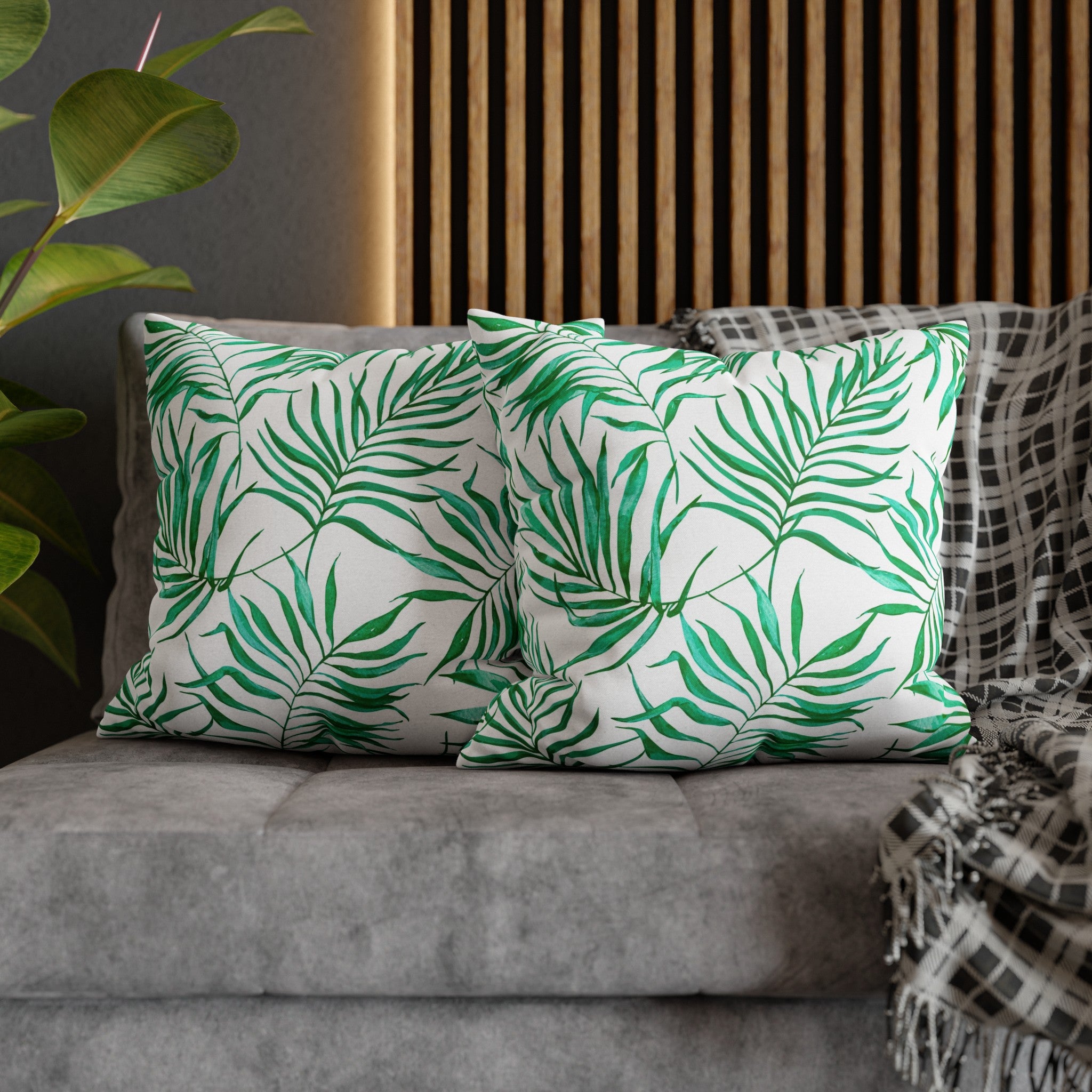 Floral Pillow Cover | Tropical Green Palm Leaves, White