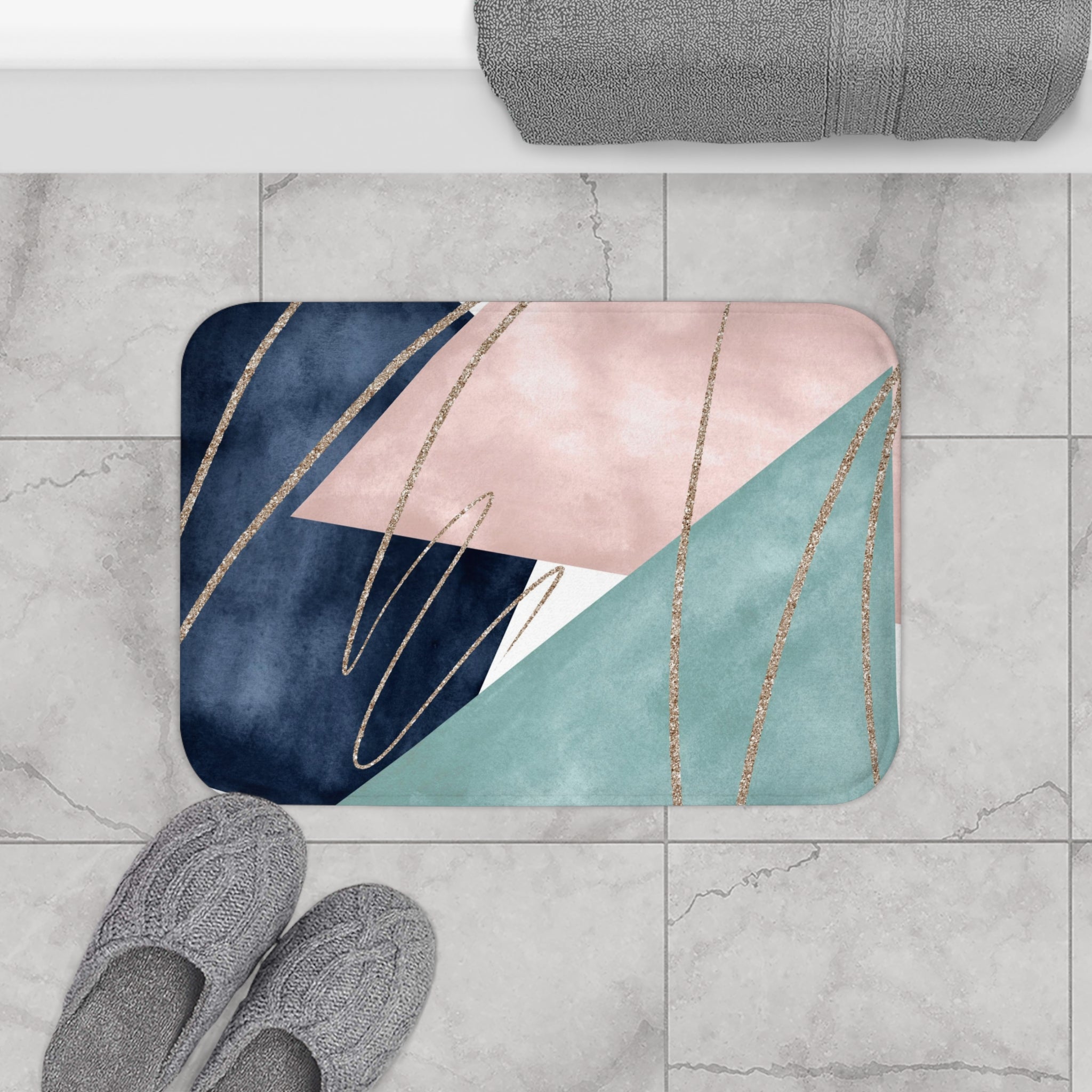 Abstract Bath Mat | Navy Teal Blue, Blush Pink