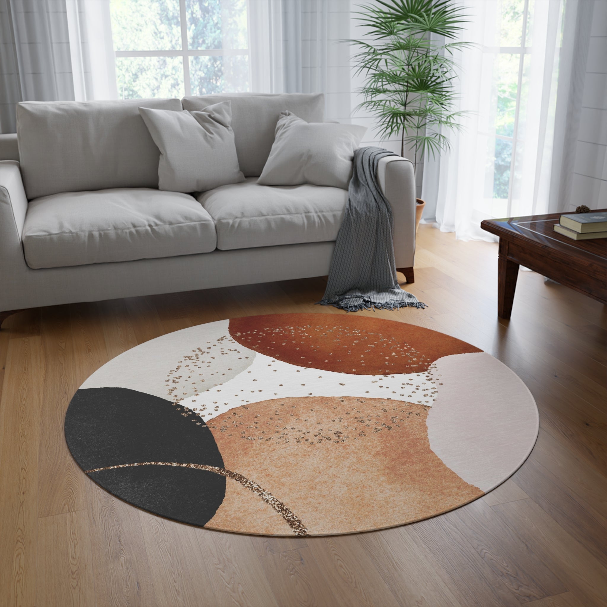 Round Boho Area Rug | Modern Rust Beige, Grey Black