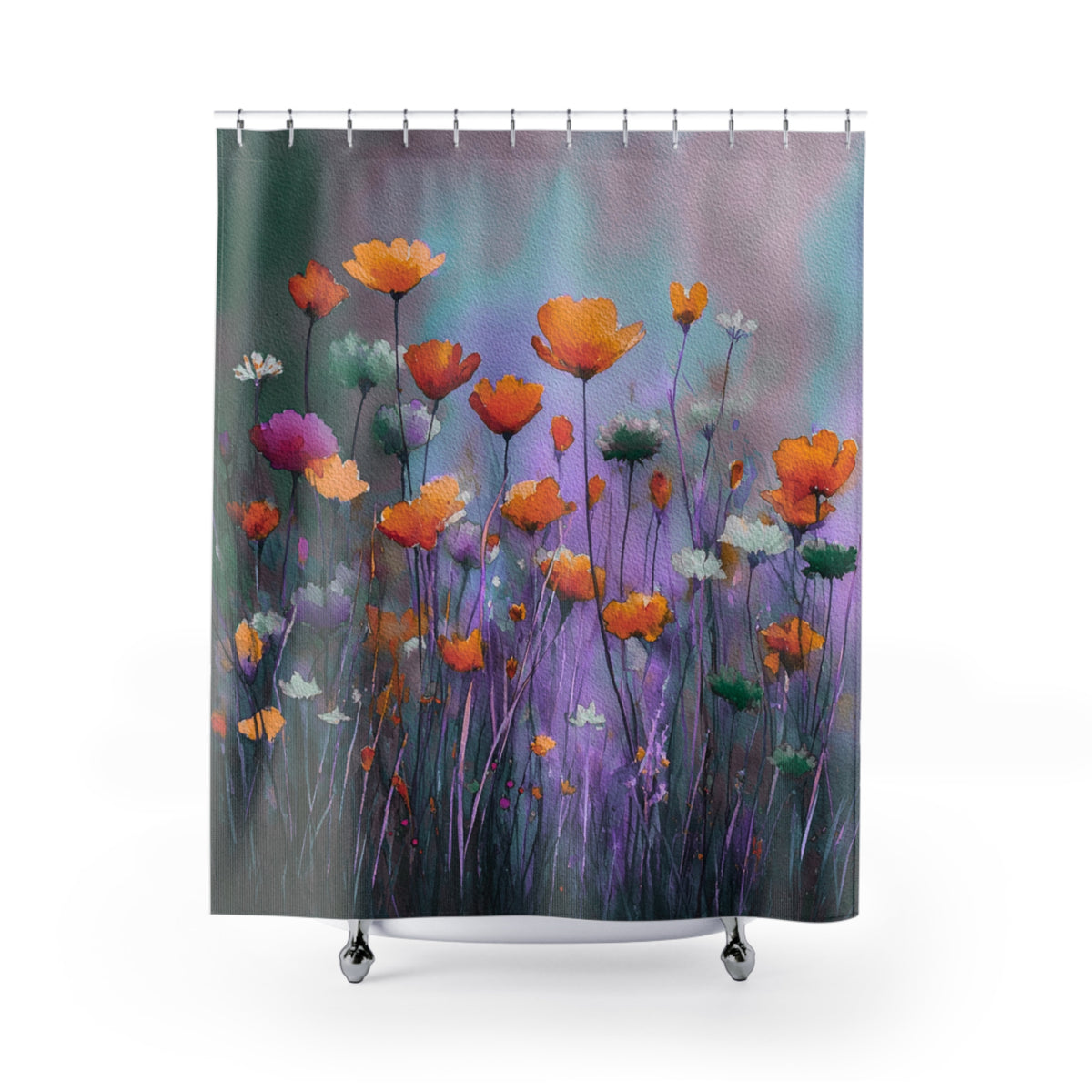 a vibrant and colorful floral scene, with a variety of orange and purple flowers in full bloom. The flowers are arranged in a way that creates a sense of depth and dimension, making the image visually appealing and captivating.