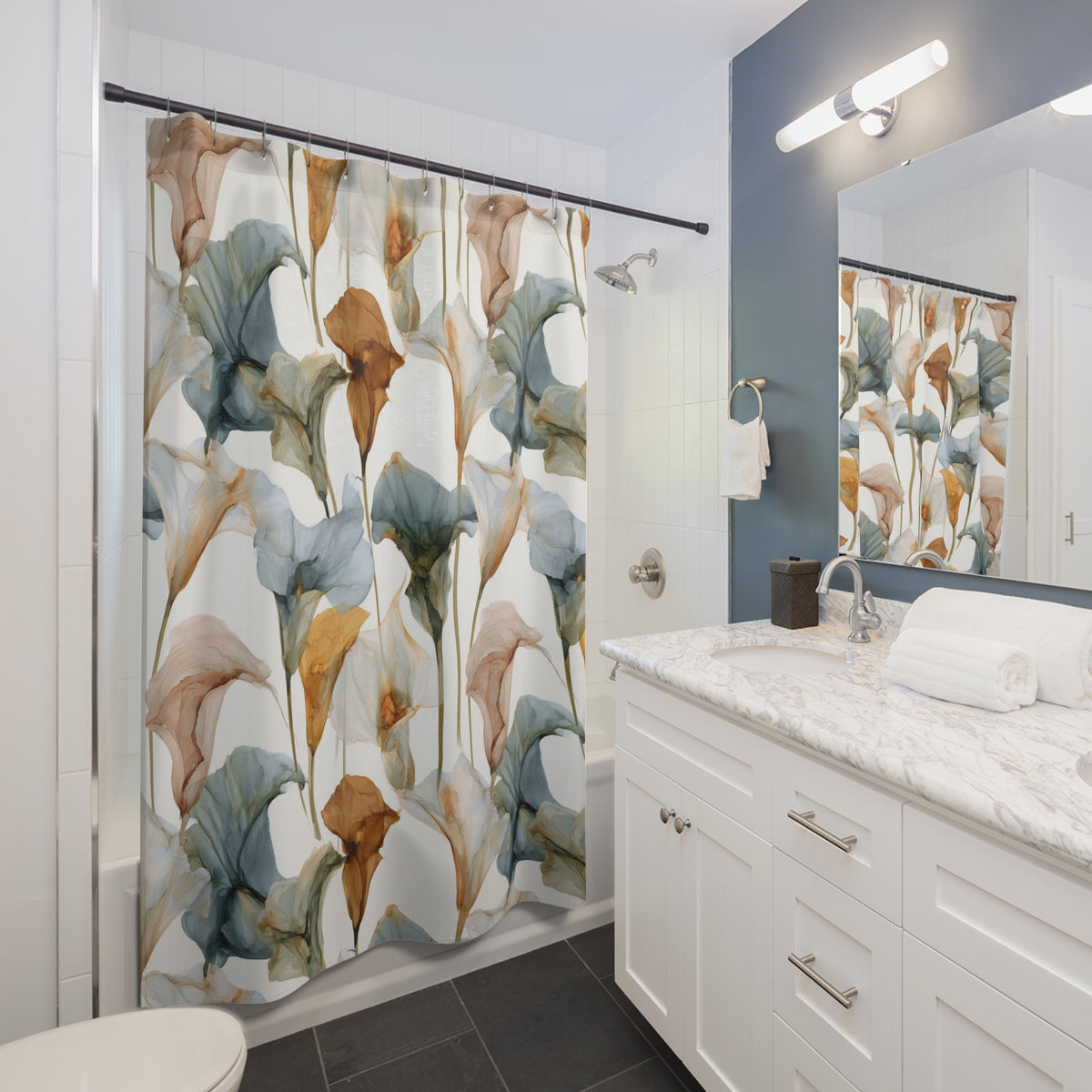 a modern bathroom with a white vanity, a shower curtain with a floral pattern, and a mirror above the vanity.