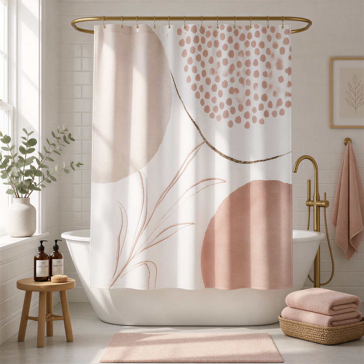 a bathroom with a white bathtub, a shower curtain with abstract designs in shades of pink and white, and various bathroom accessories such as a potted plant, a soap dispenser, and a towel rack.