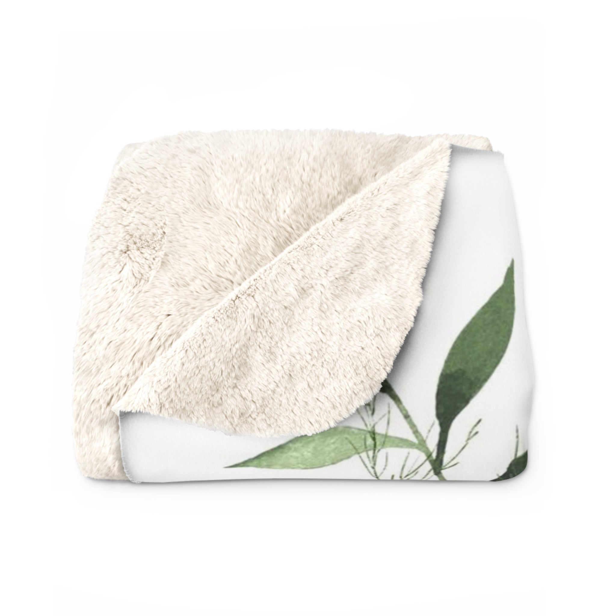 Floral Boho Comfy Blanket | White Green Leaves