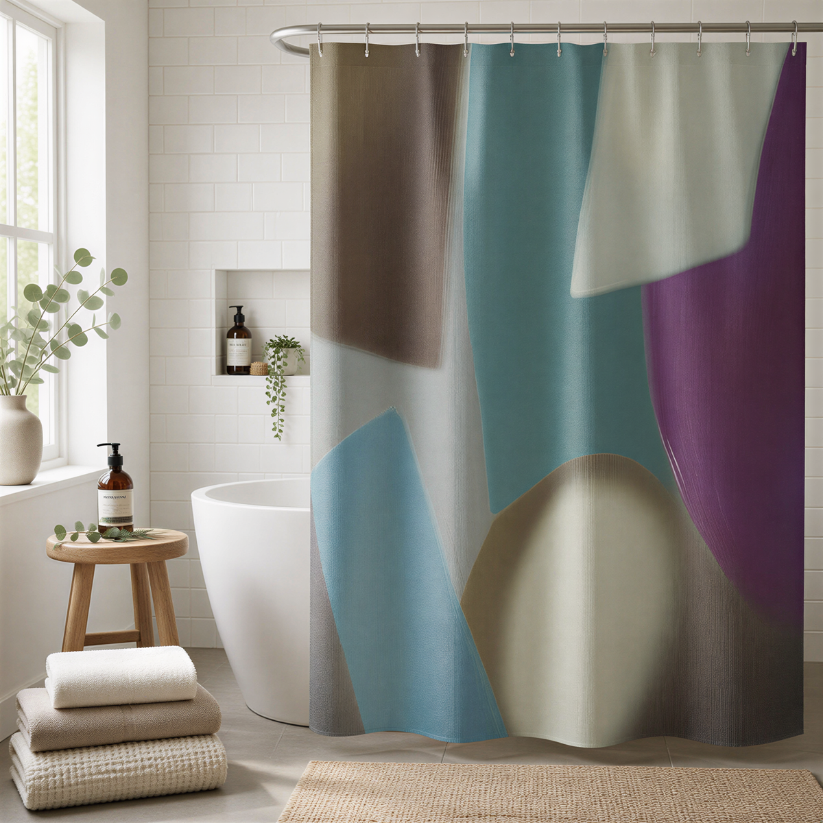 a bathroom with a shower curtain featuring abstract geometric patterns in various colors, including shades of blue, purple, and gray. The bathroom also includes a wooden stool, a white bathtub, and a window with greenery outside.