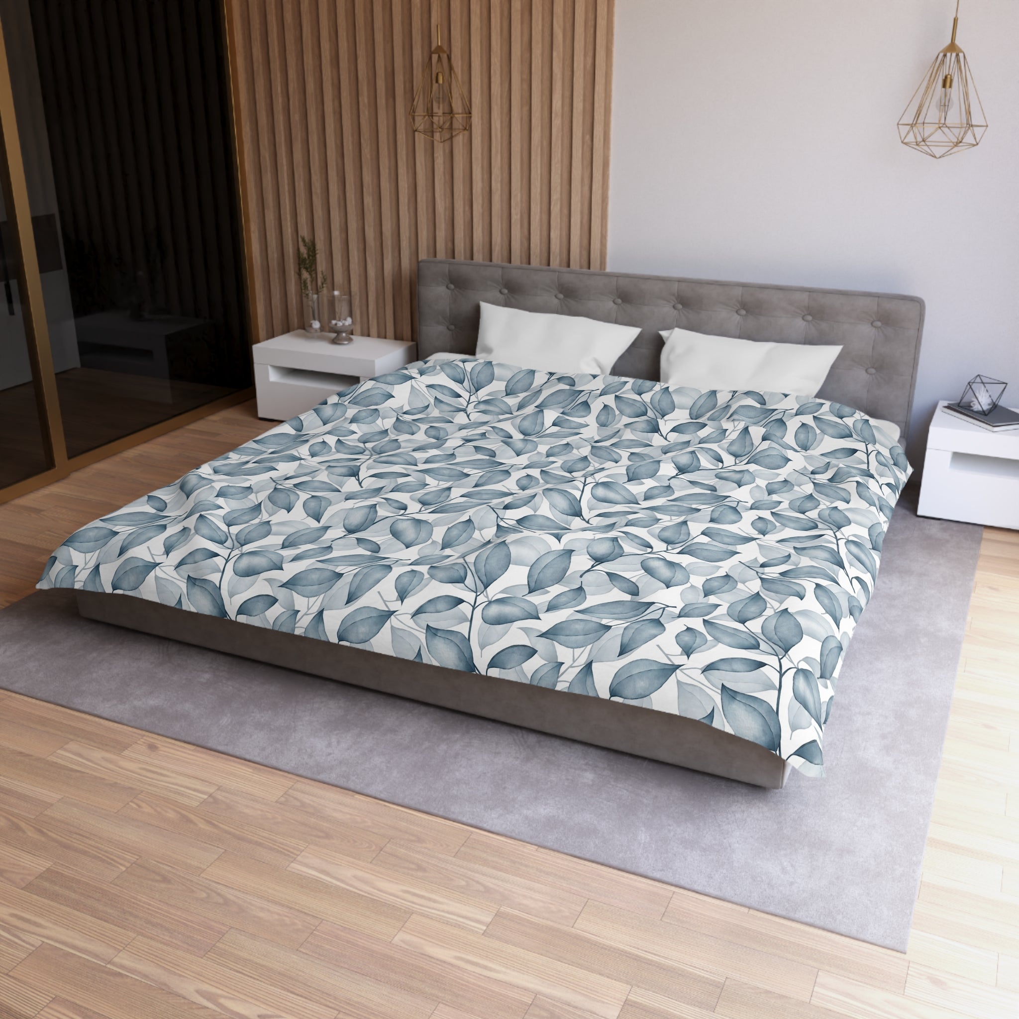 Floral Cotton Duvet, Pillow Cover | Blue White Leaves Bedroom Decor