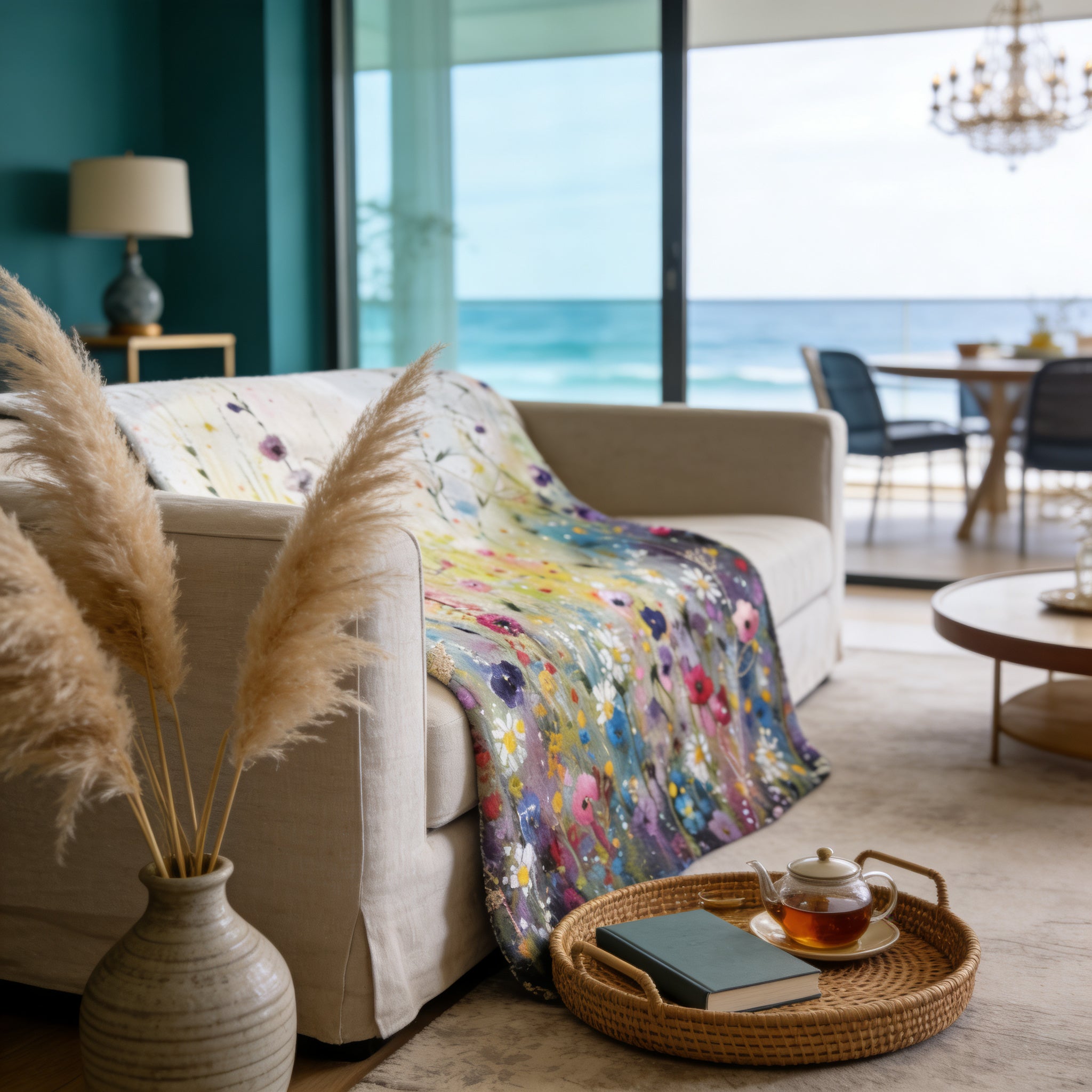 a cozy living room with a large window overlooking the ocean, a white sofa, a woven tray with a teapot and a book, and a vase with pampas grasses.
