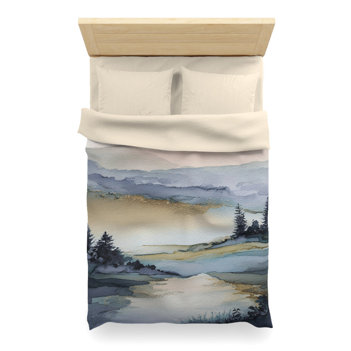 a serene landscape with a river, mountains, and trees, featuring a watercolor painting-like effect.