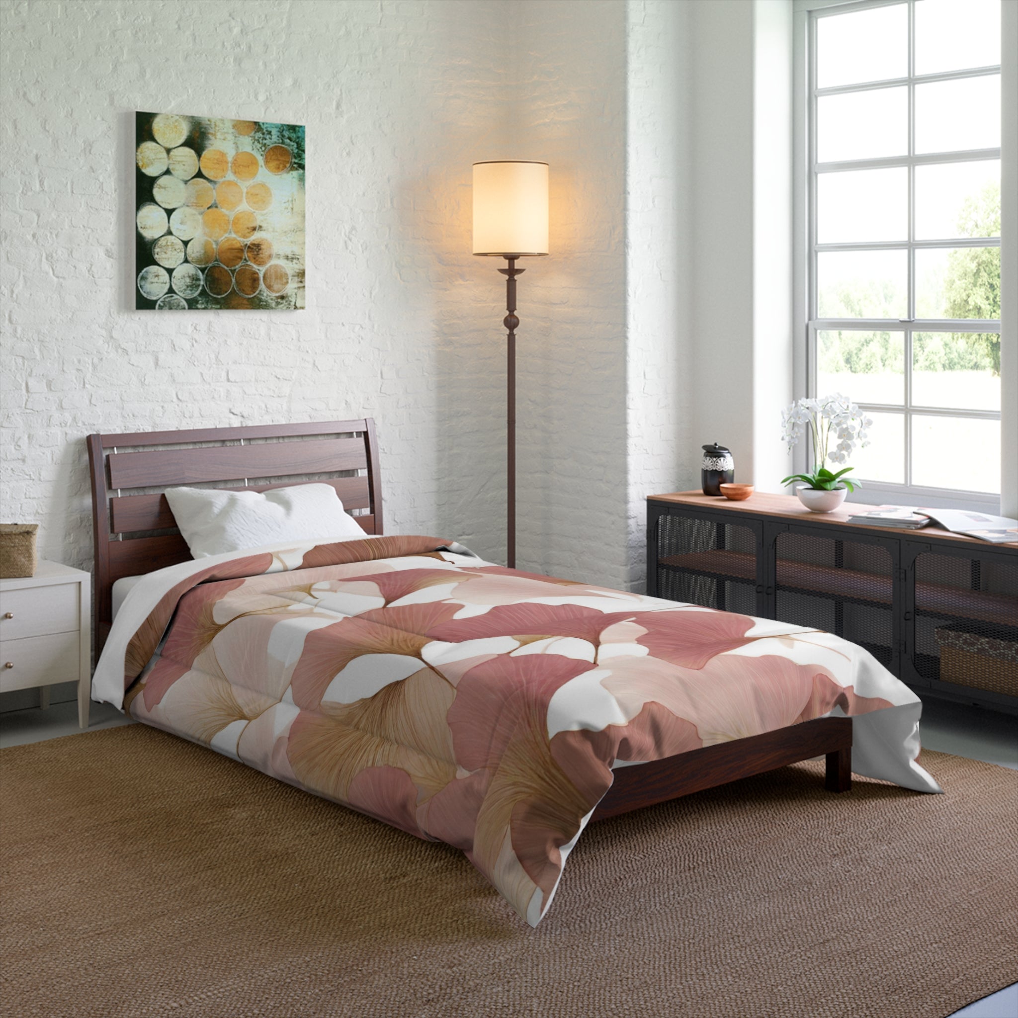 Floral Comforter | Mauve, Blush Pink, Beige, White, Gingko Leaves