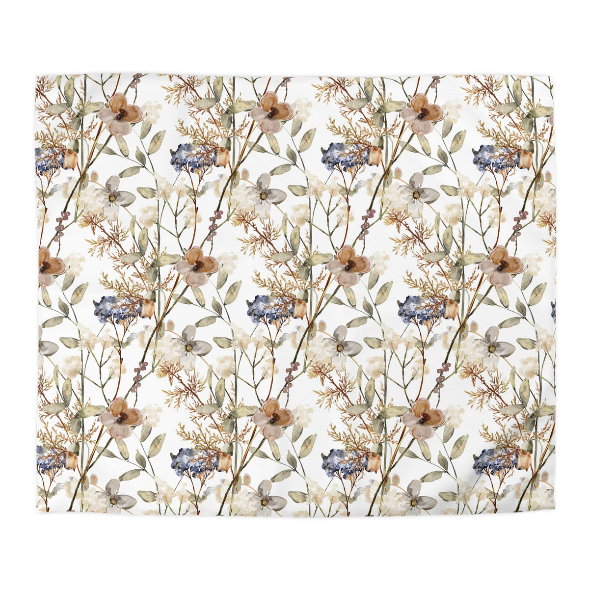 a repeating floral pattern with various shades of brown, white, and blue flowers and leaves.