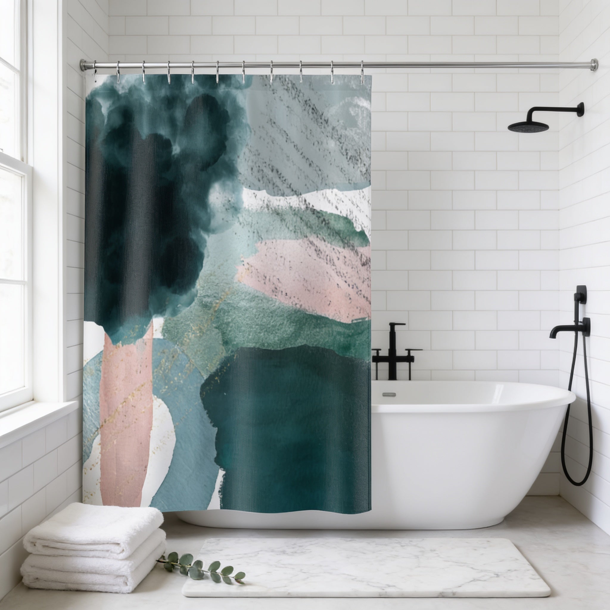 a modern bathroom with a white bathtub, a shower curtain with a colorful abstract design, and a marble floor.