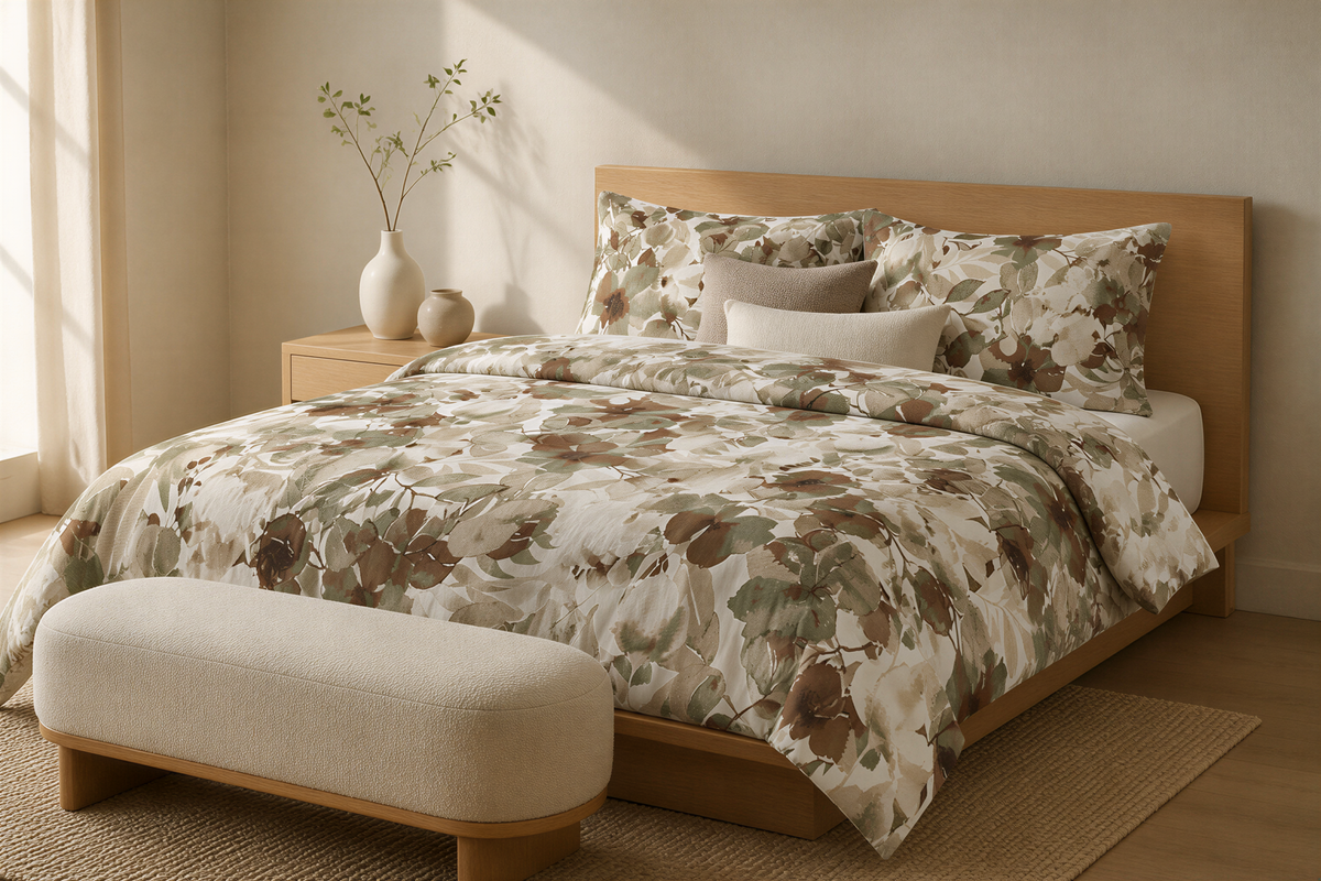a serene and cozy bedroom with a large bed adorned with a floral comforter and matching pillows. The bed is positioned against a wall, with a wooden headboard and footboard. A white ottoman is placed in front of the bed, and a small table with a vase of flowers is located next to the bed. The room has a warm and inviting atmosphere, with natural light streaming in from a window on the left side.