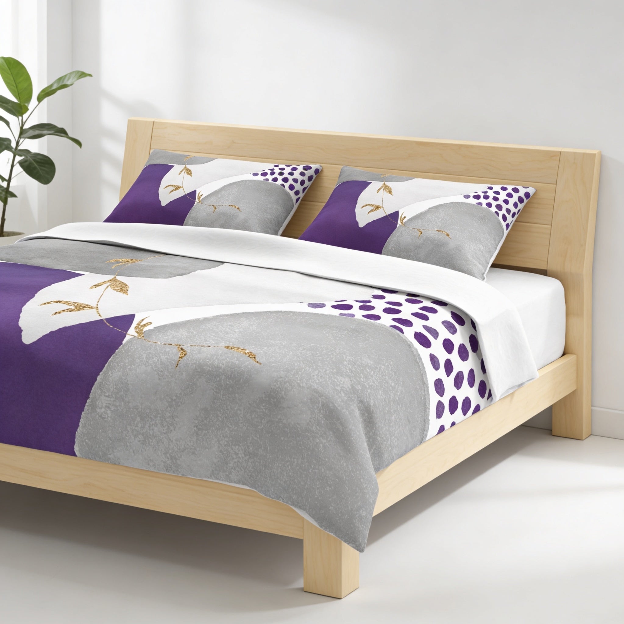 a modern bedroom with a wooden bed frame and a purple and gray patterned comforter.