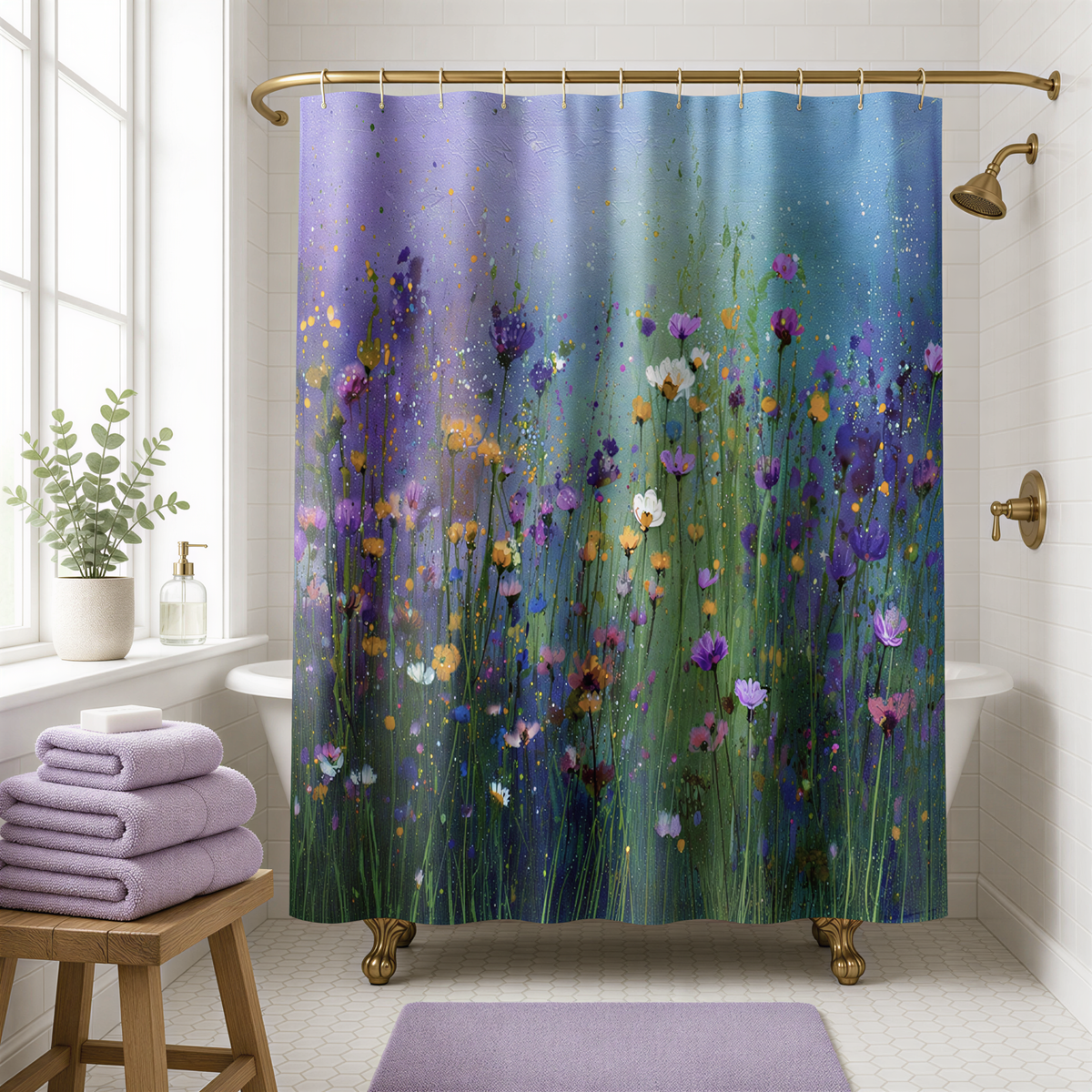 a bathroom with a shower curtain that has a vibrant floral design in shades of purple, blue, and yellow. The shower curtain is hanging from a gold rod, and there is a wooden stool in the foreground. The bathroom also has a window, a potted plant, and a white tiled floor.