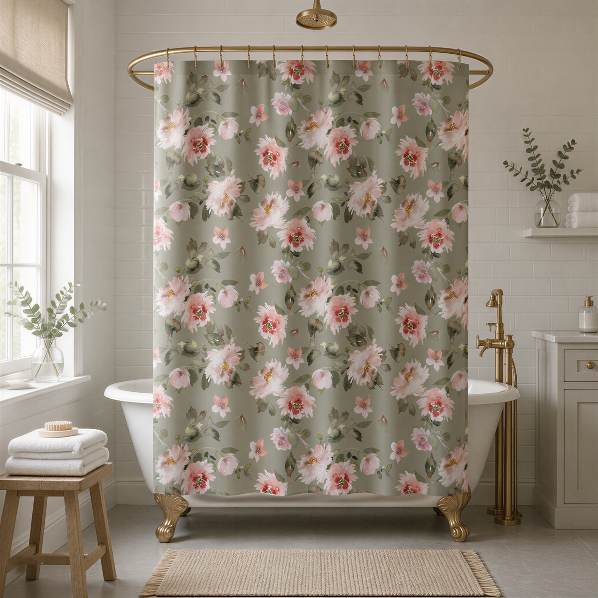 A bathroom with a white bathtub, a shower curtain with a floral pattern, and a gold-framed shower head. The room has a neutral color scheme with white walls and a wooden stool.