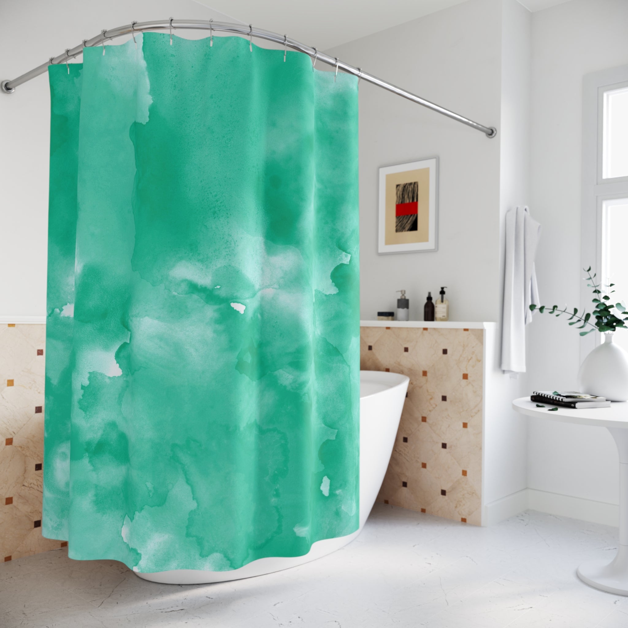 Boho Shower Curtain | Green White Watercolor