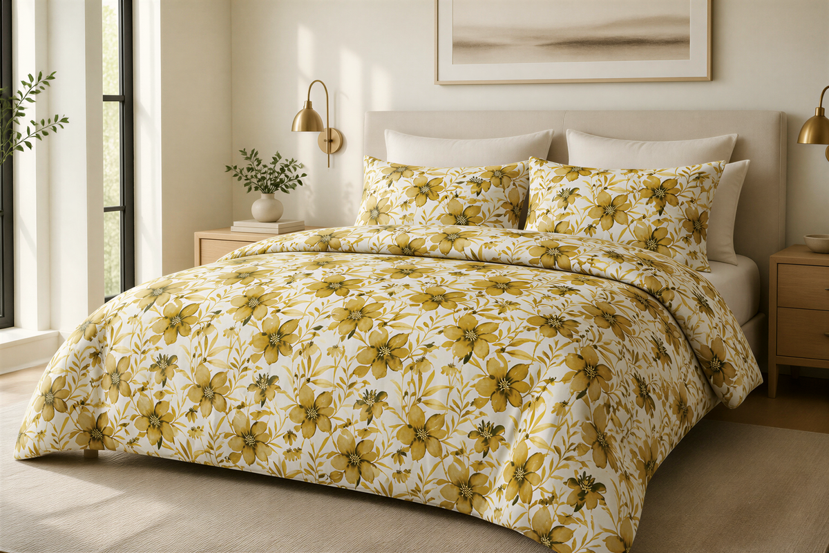 a bedroom with a large bed covered in a yellow and white floral comforter. The bed is flanked by two nightstands, each with a lamp and a plant. The room has a neutral color scheme with white walls and a beige carpet.