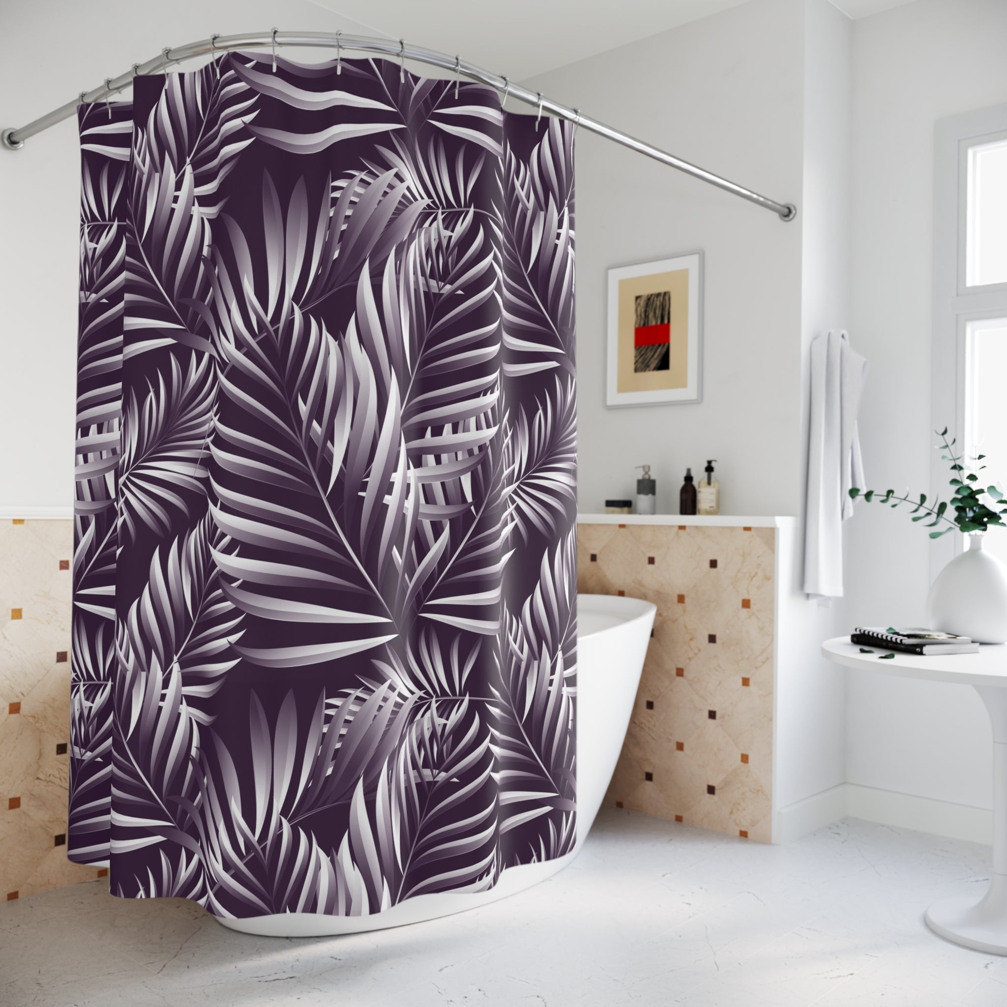 Floral Shower Curtain | Purple Tropical Leaves Bathroom Decor