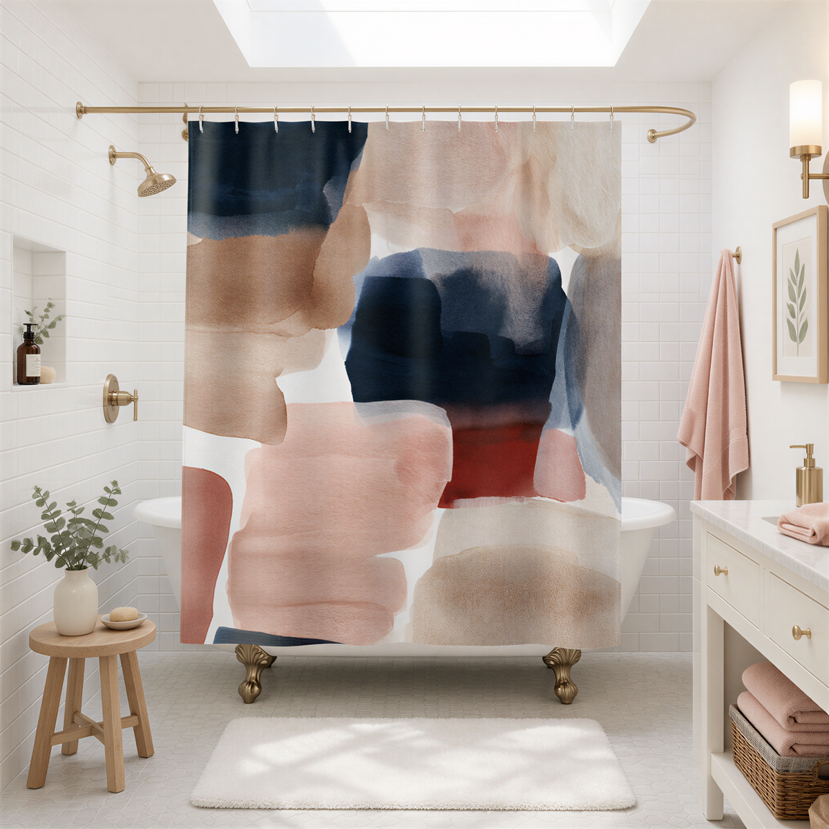 a bathroom with a large abstract shower curtain featuring a mix of pink, blue, and brown colors. The bathroom has white walls, a white bathtub, and a wooden stool. There is a potted plant and a framed picture on the wall.