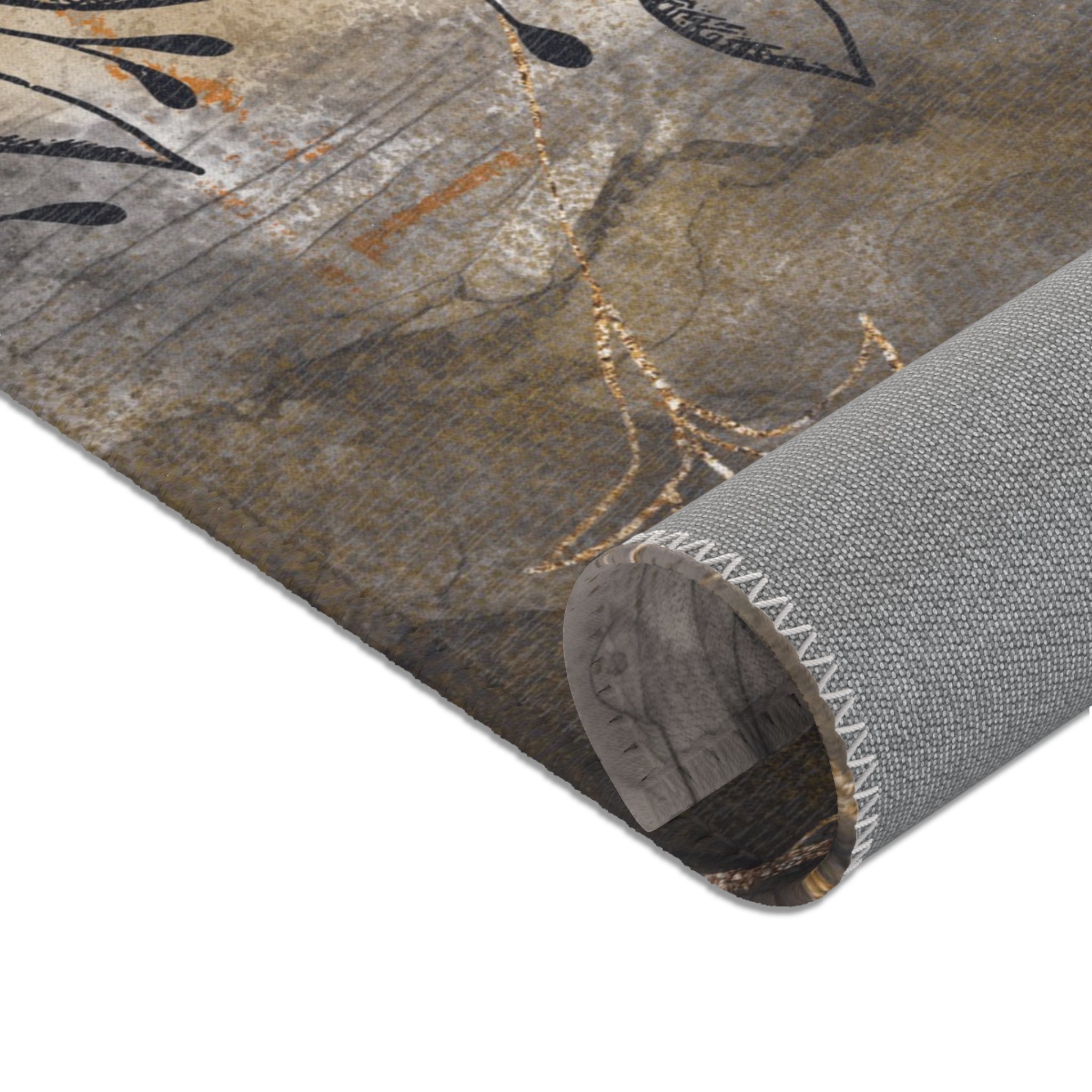 Abstract Boho Area Rug | Rustic Brown Grey, Line Art