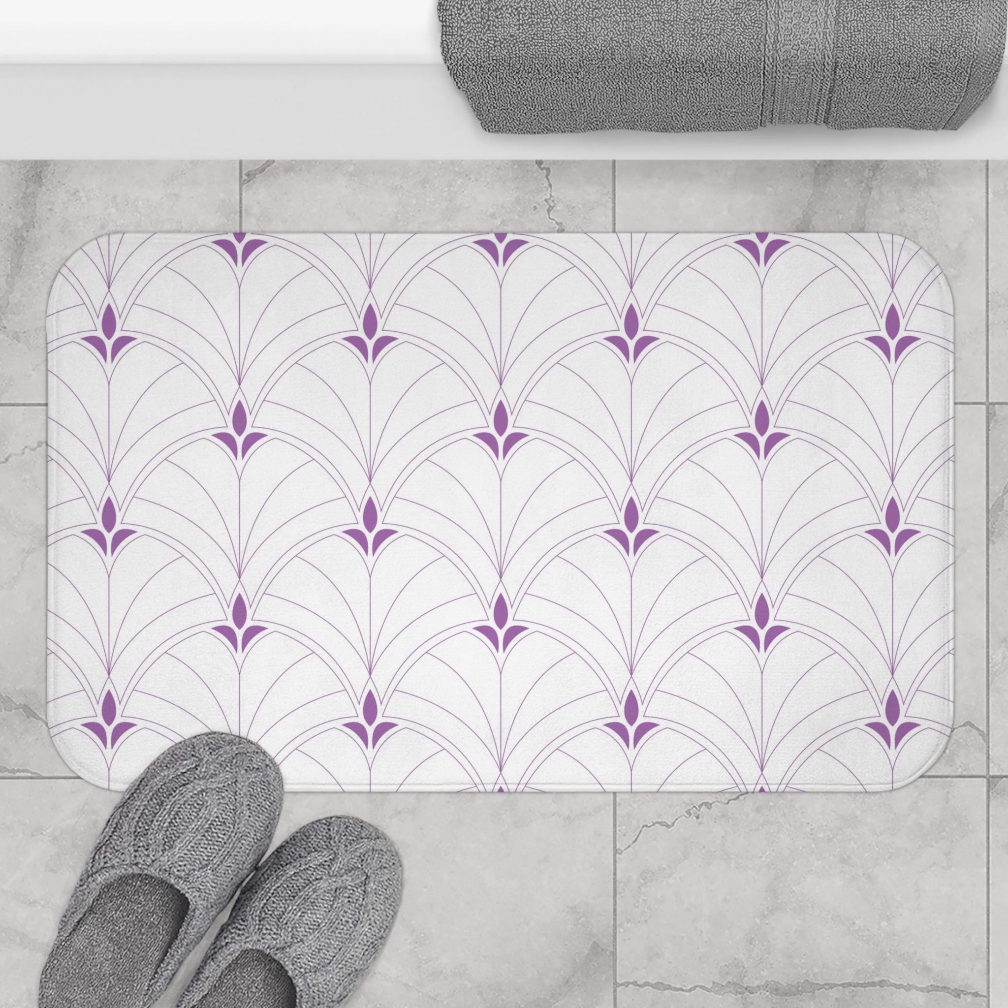 Boho Bath, Kitchen Mat |  Art Deco White Lavender Purple