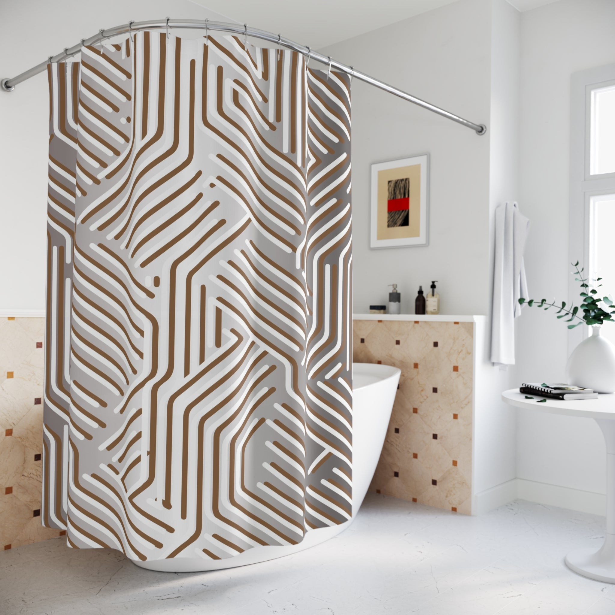 Boho Shower Curtain | White Grey Taupe Geometric