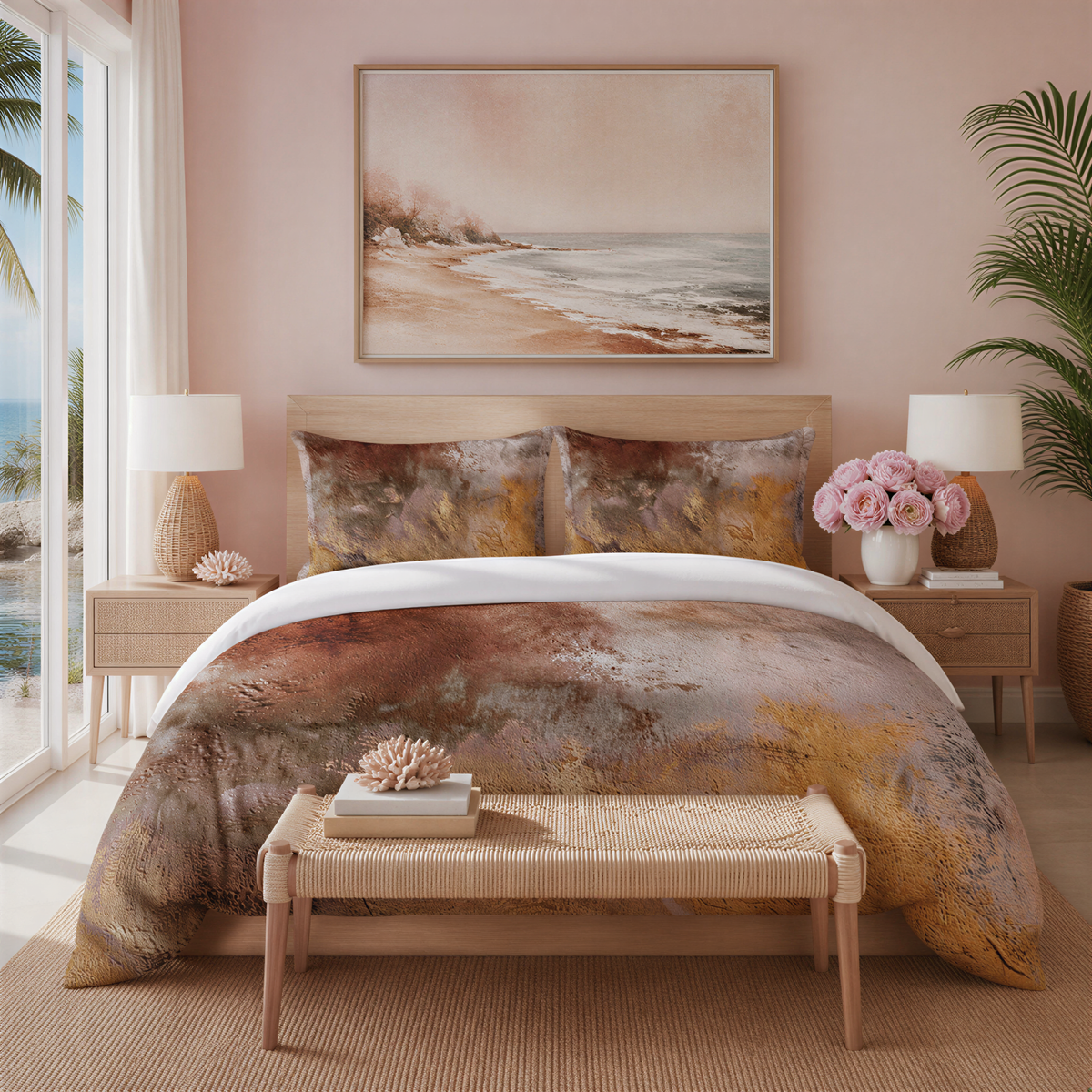 a serene and inviting bedroom with a large bed adorned with a colorful, abstract bedspread. The bed is framed by a painting of a beach scene, adding a coastal touch to the room. The room is further enhanced by the presence of a window that offers a view of the ocean, and a bench placed next to the bed. The overall atmosphere of the room is calm and relaxing, with a harmonious blend of natural elements and decorative accents.