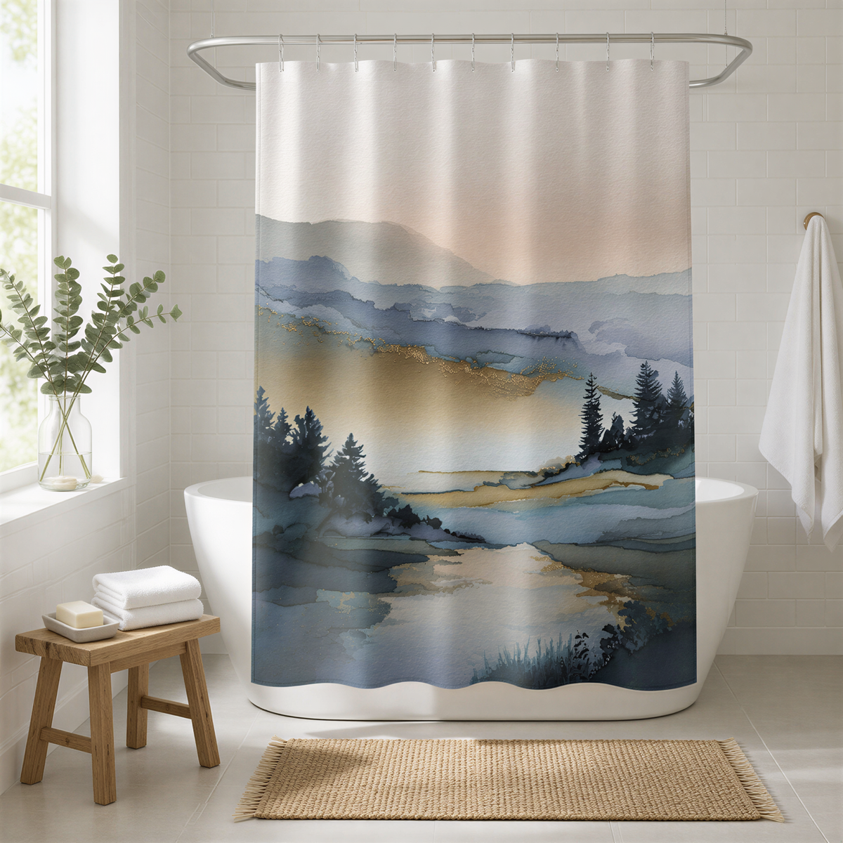 a bathroom with a shower curtain depicting a serene landscape with mountains, trees, and a lake. The shower curtain is hanging from a rod above a white bathtub. There is a wooden stool and a rug in the bathroom, and a vase of greenery is placed on the windowsill.