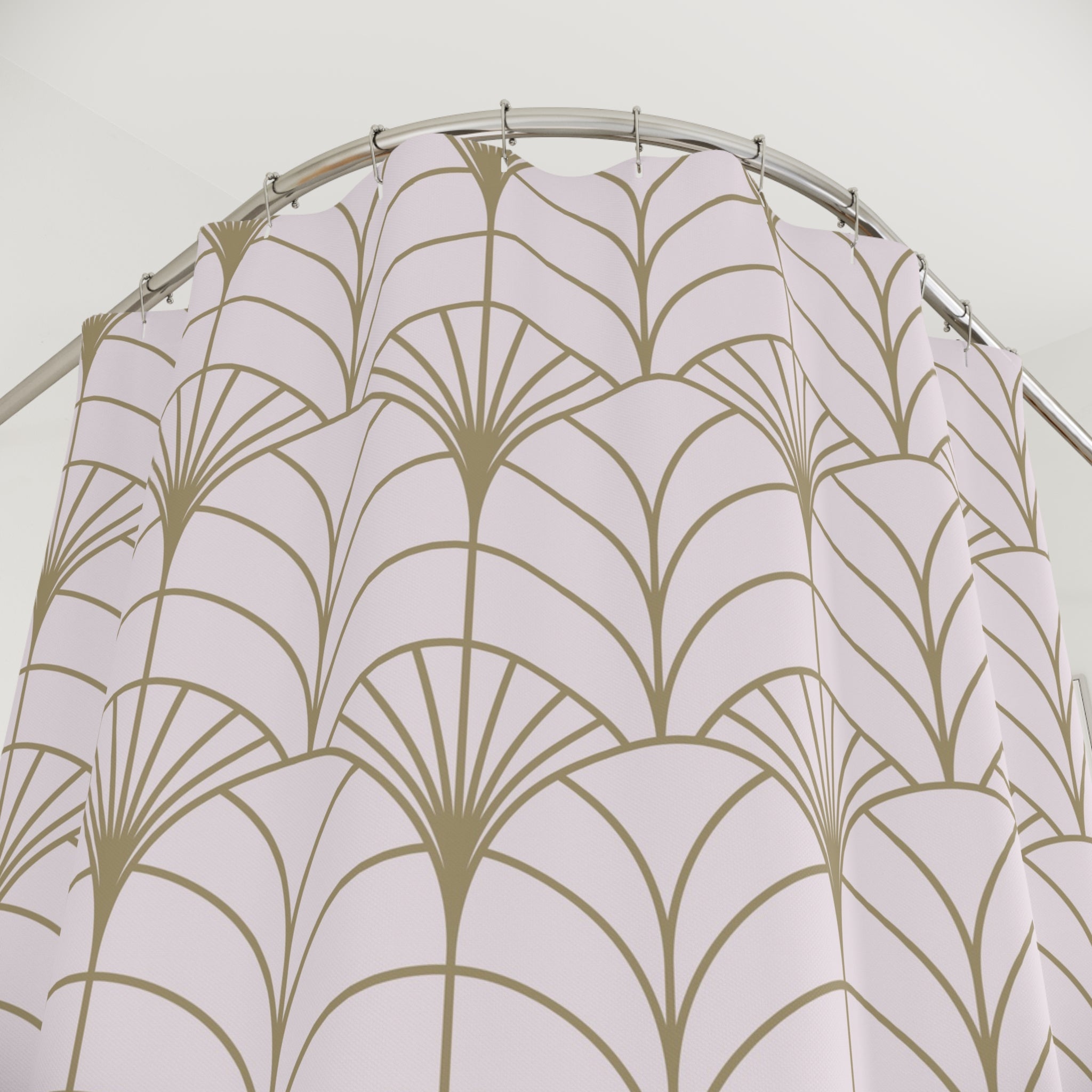 a shower curtain with a repeating pattern of pink and gold geometric shapes, creating a visually striking and decorative design.