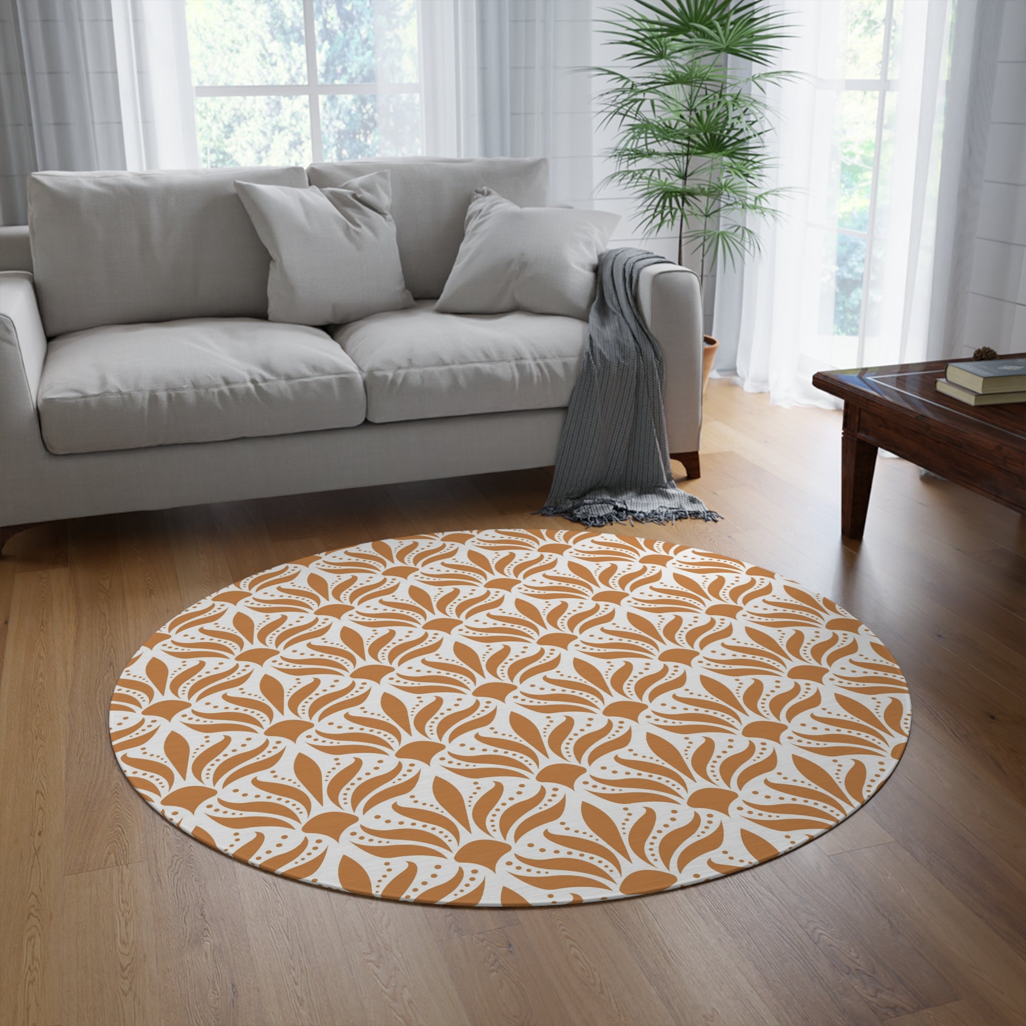 Art Deco Round Area Rug | Retro Terracotta White, Art Nouveau