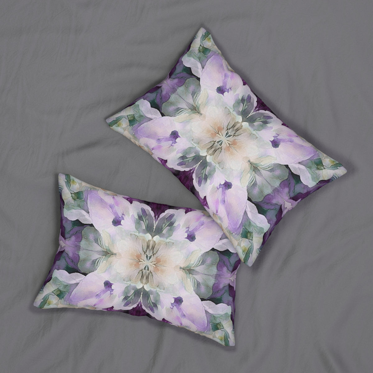 Lavender Purple and Sage Mirrored Floral Lumbar Pillow